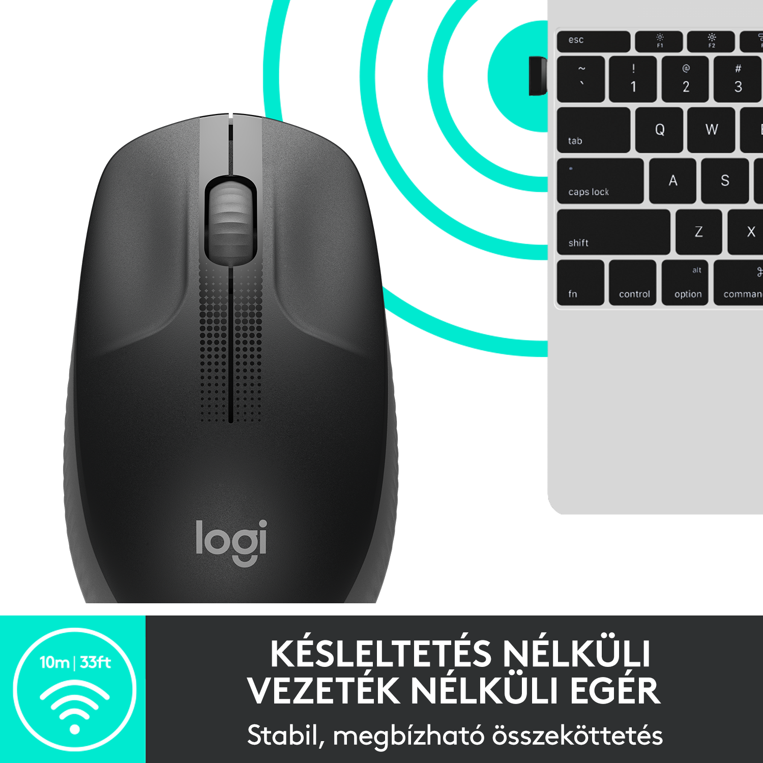 Fekete vezeték nélküli egér szürke görgetőkerékkel. Billentyűzet jobbra. Vezeték nélküli jel ikon balra.