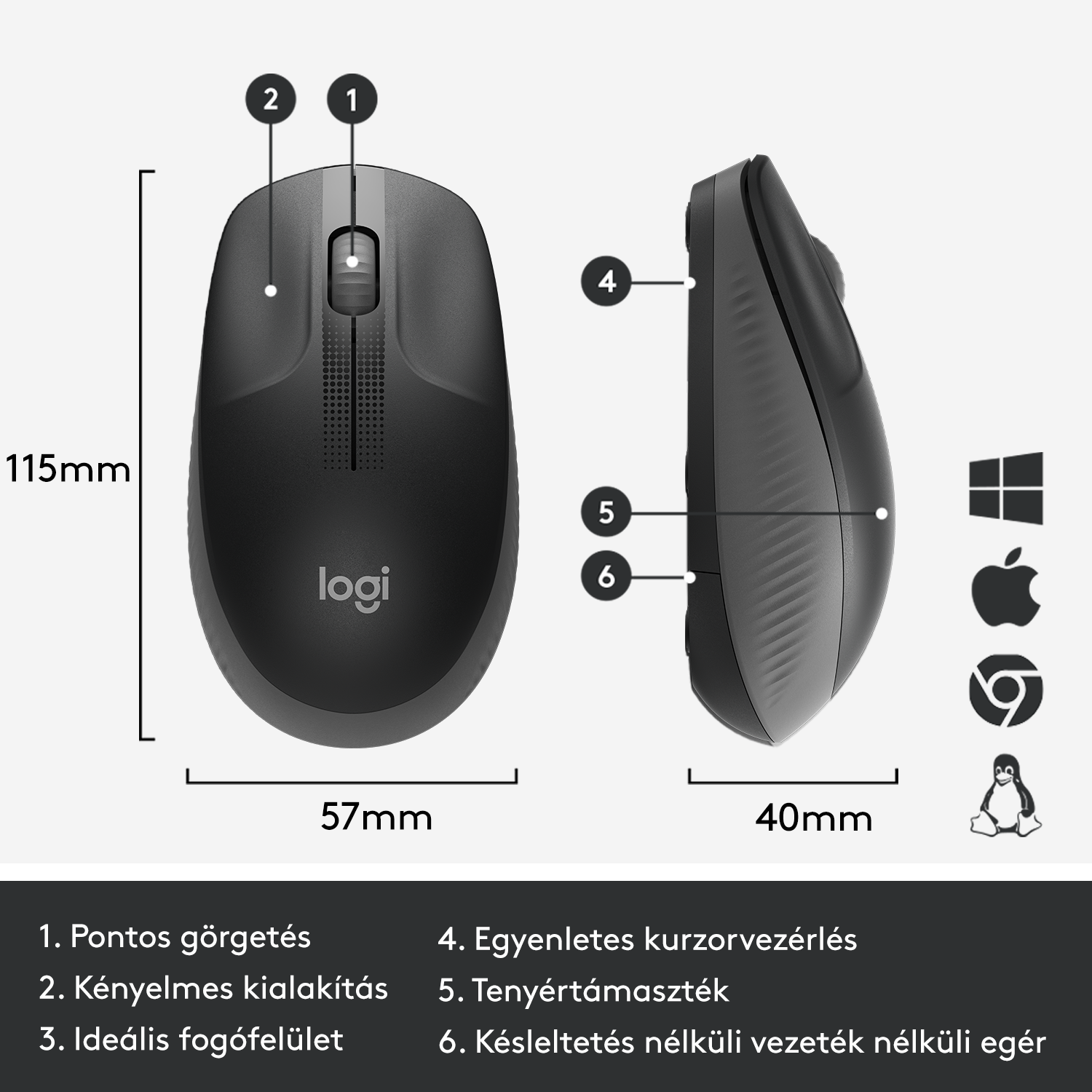 Fekete egér, méretekkel. Felülnézet és oldalsó nézet is bemutatásra kerül.