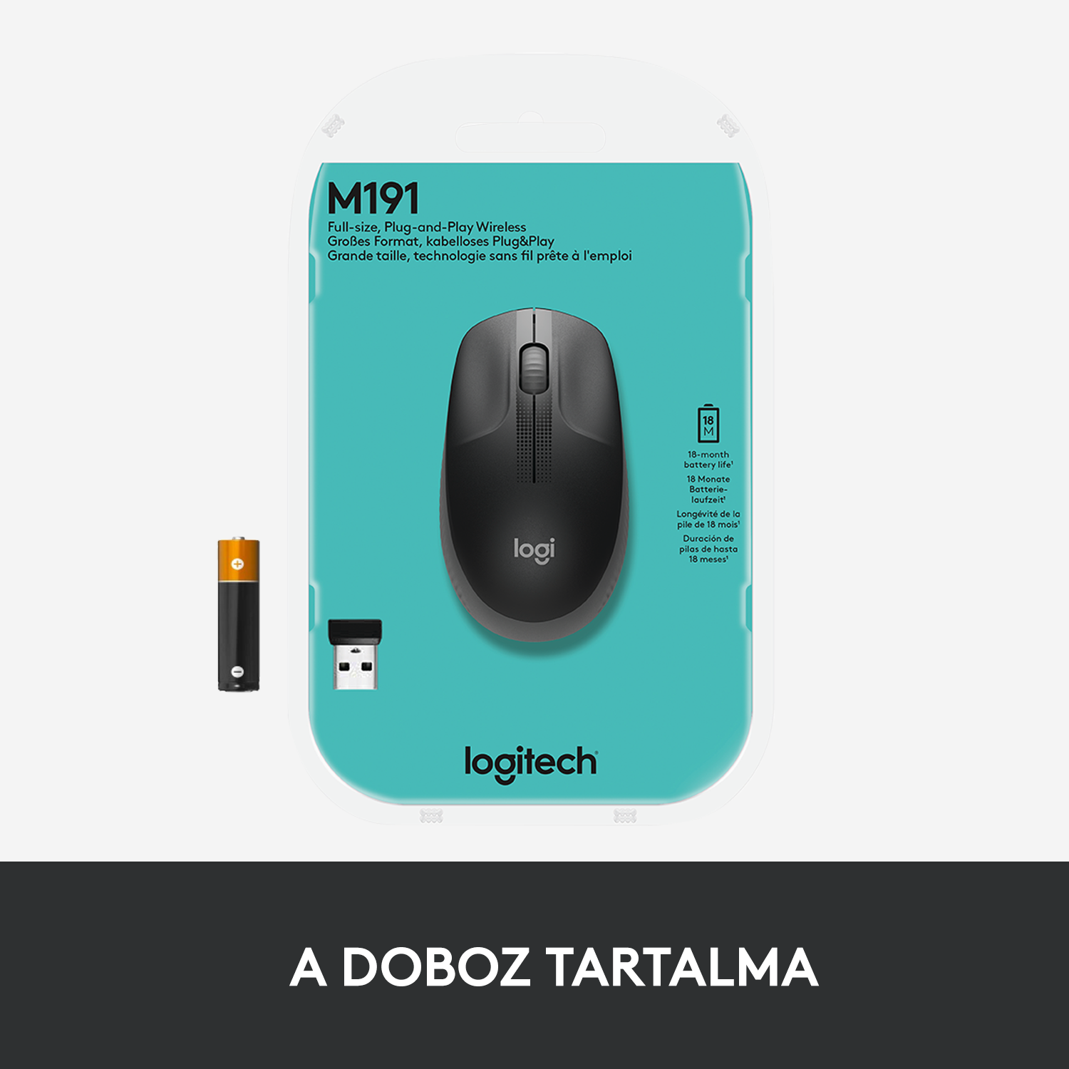 Egér csomagolásban, akkumulátorral és USB vevővel. Fekete és szürke.