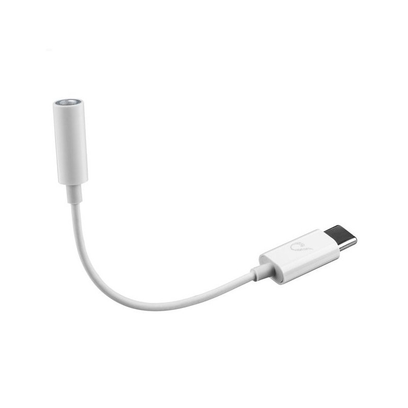 Un cable adaptador blanco. Un extremo es USB-C y el otro es un conector para auriculares.