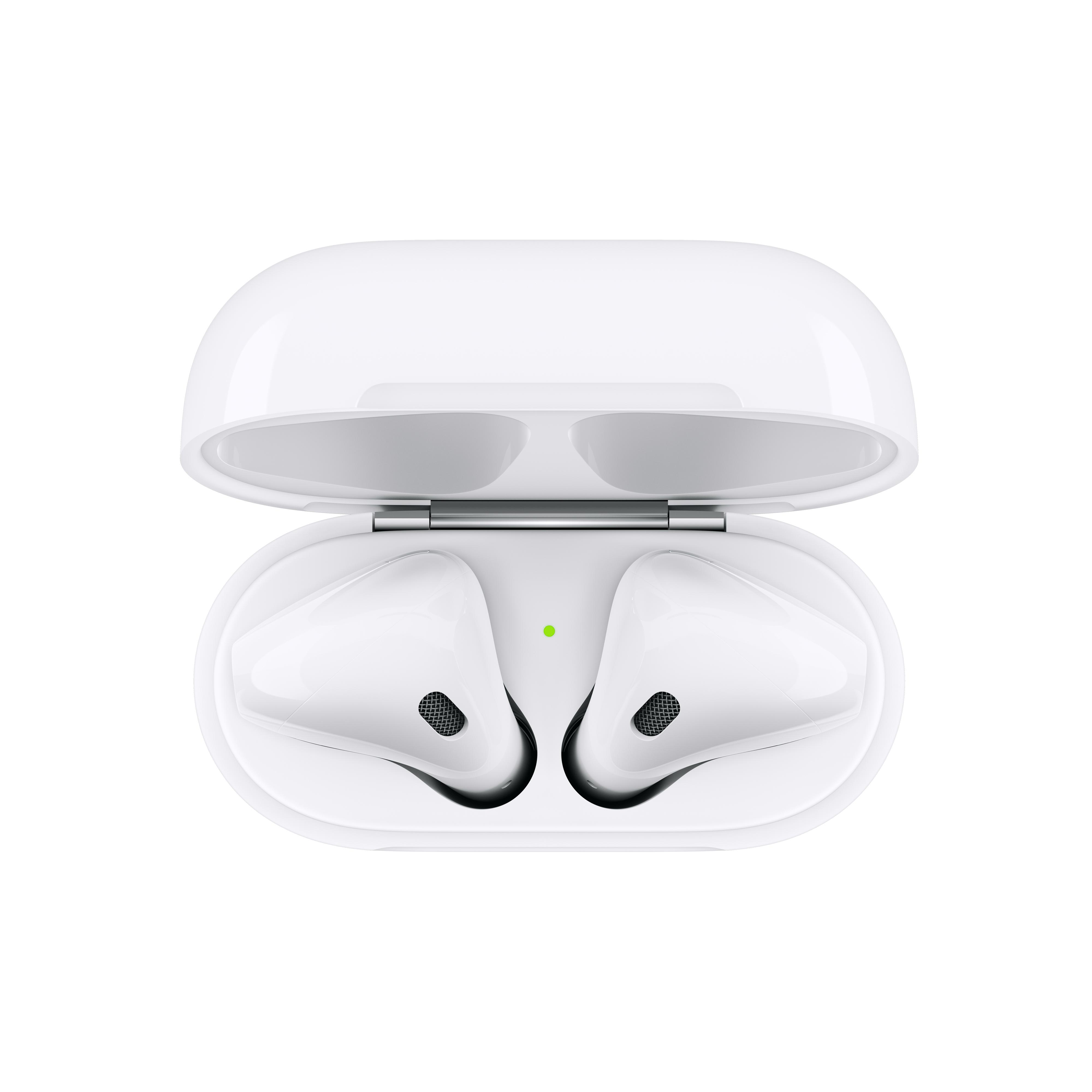 Weiß geöffnete AirPods-Hülle mit zwei weißen Ohrhörern darin.