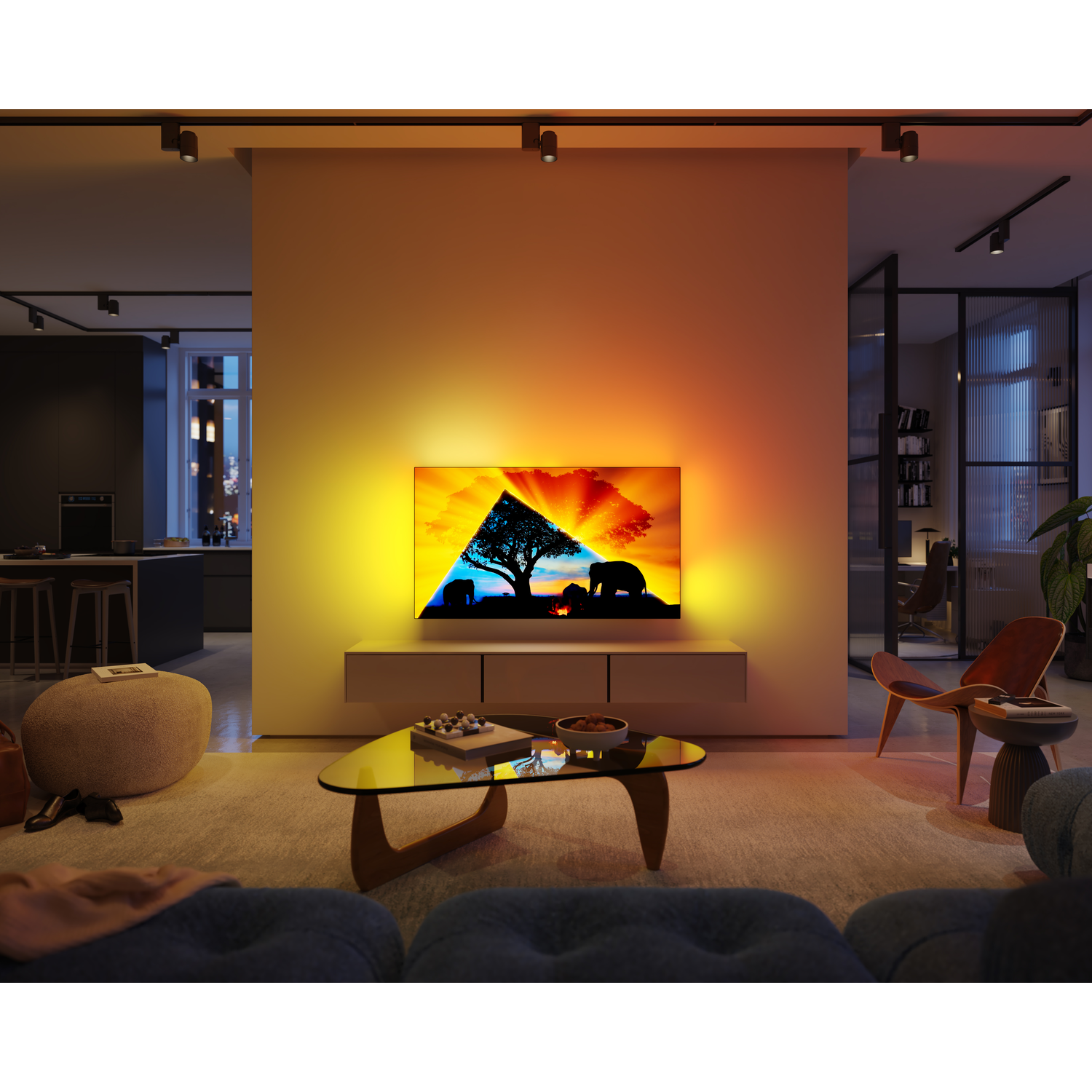 Wohnzimmer mit einem Fernseher, der farbenfrohe Kunst zeigt, Sofa, Couchtisch und Lichter.