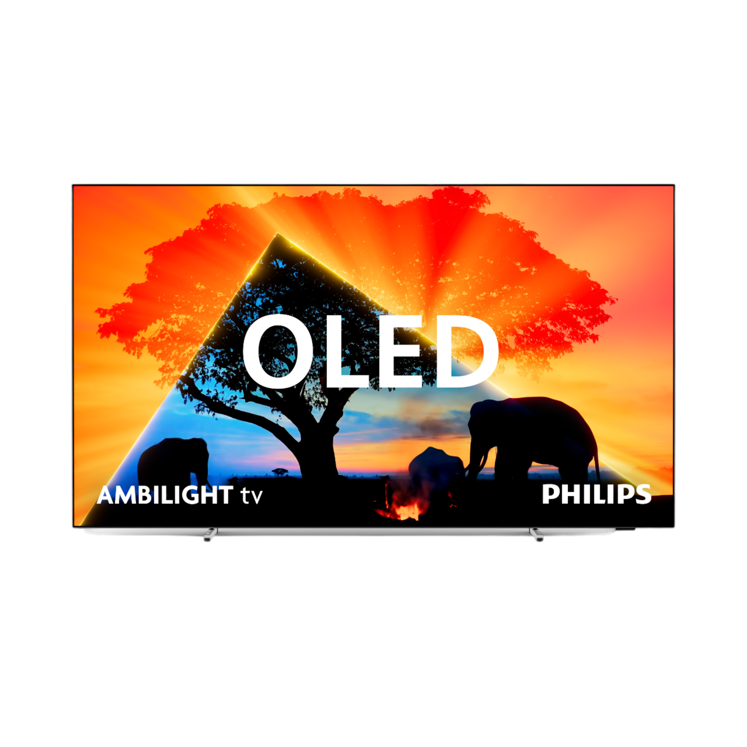 OLED-TV mit Elefanten- und Baumsilhouette. Der Fernseher hat Ambilight und Philips darauf.