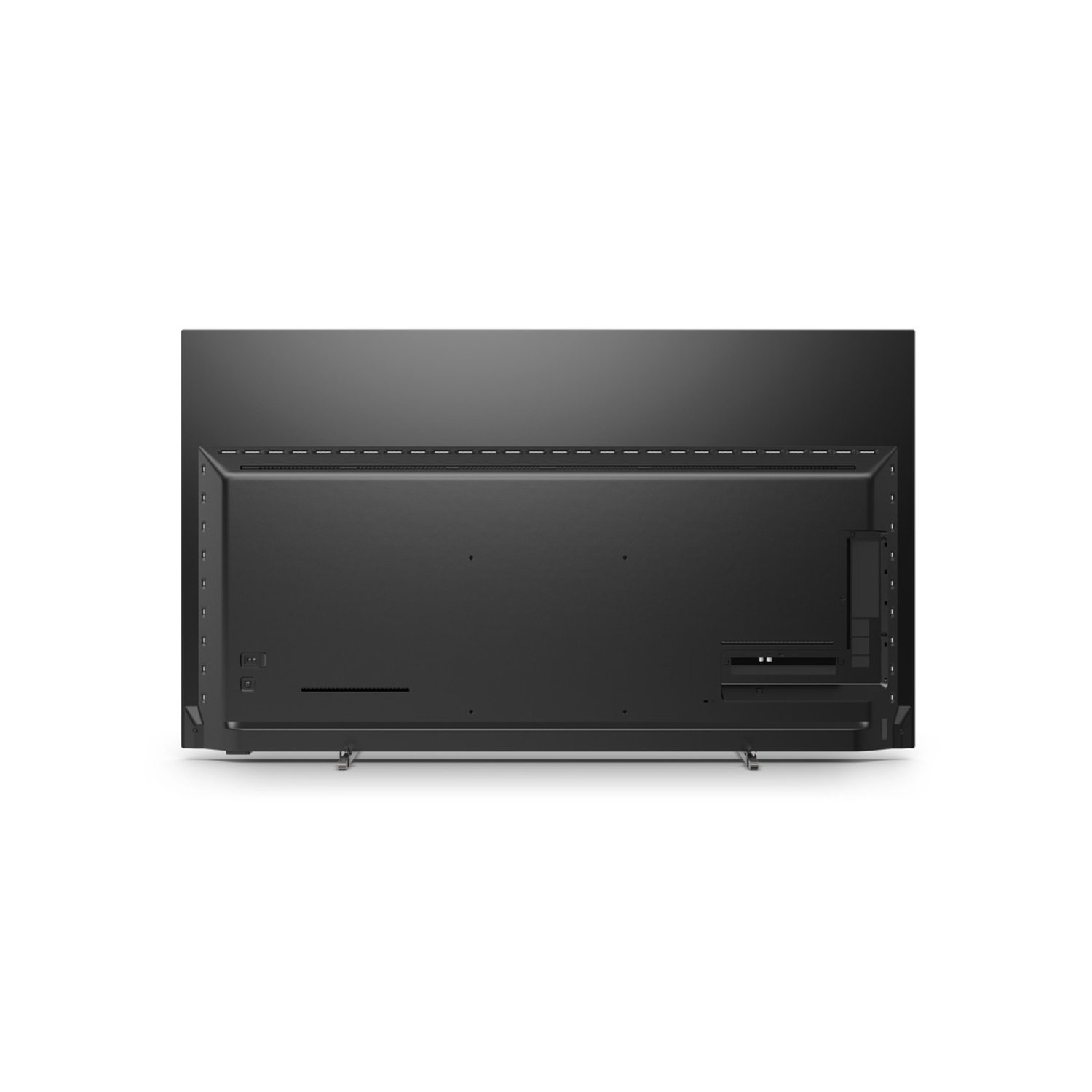 Achterkant van een zwarte tv met diverse poorten en aansluitingen zichtbaar.