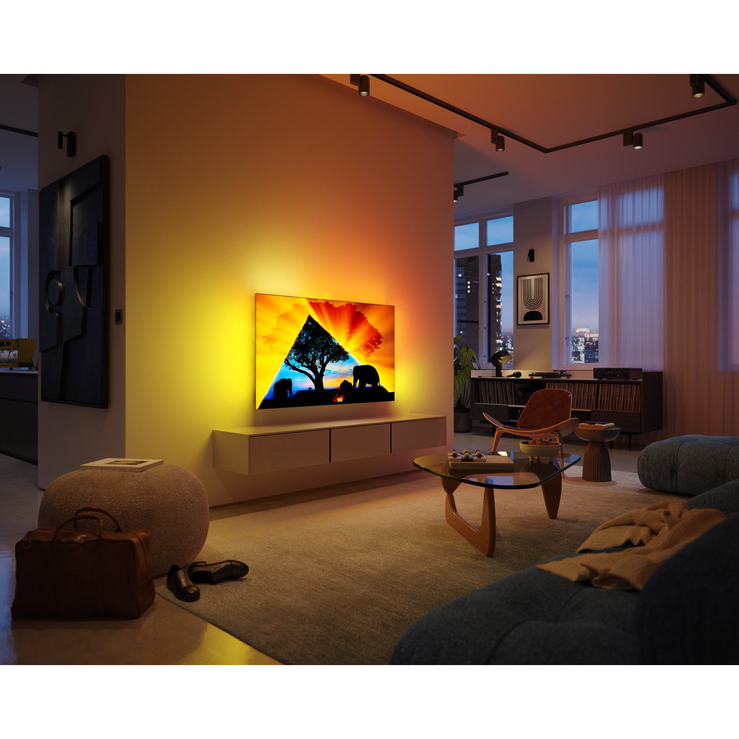Woonkamerinterieur met een tv die een afbeelding toont. Meubels en decor zijn zichtbaar in de setting.