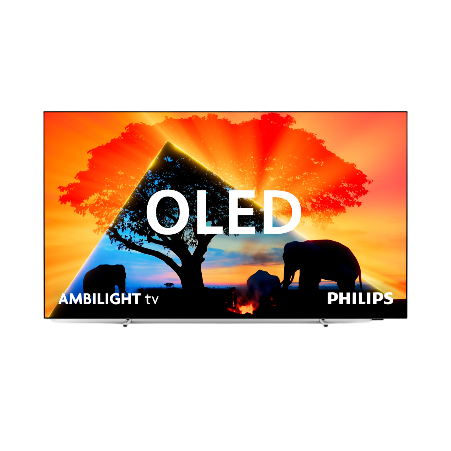OLED-TV-Bildschirm mit Elefanten, Baum und Sonnenuntergangsszene. Philips Ambilight Logo.