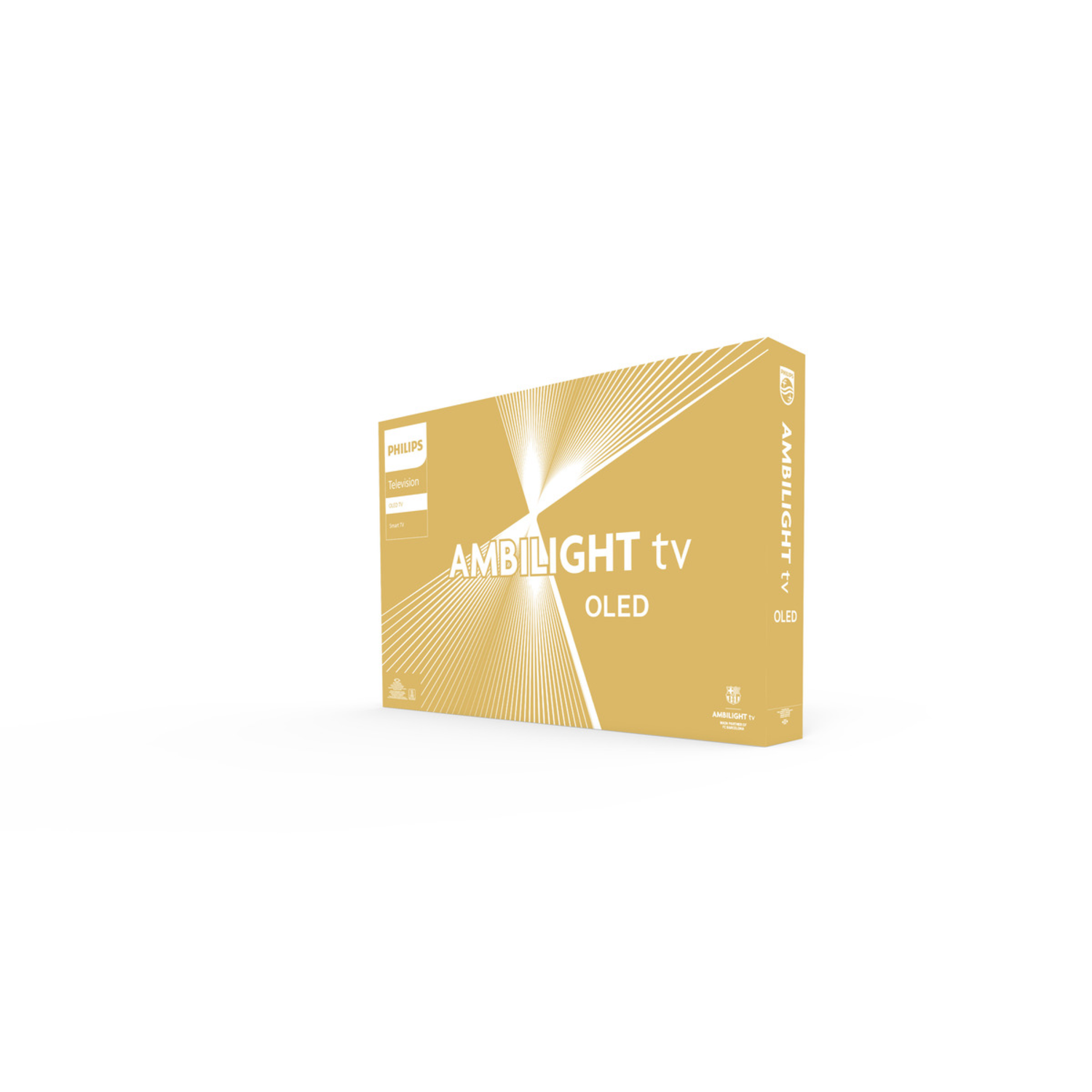 Eine goldene TV-Box mit den Worten 'Ambilight TV OLED' auf der Vorderseite.