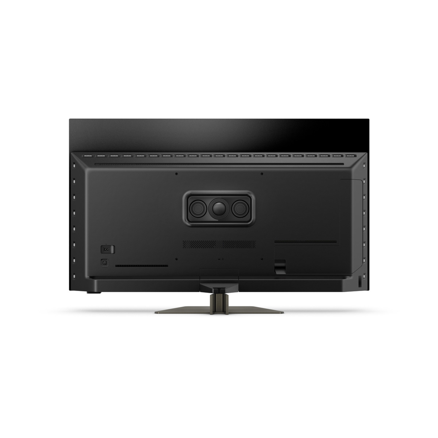 Rückseite eines schwarzen Fernsehers mit Eingängen und einem Ständer.