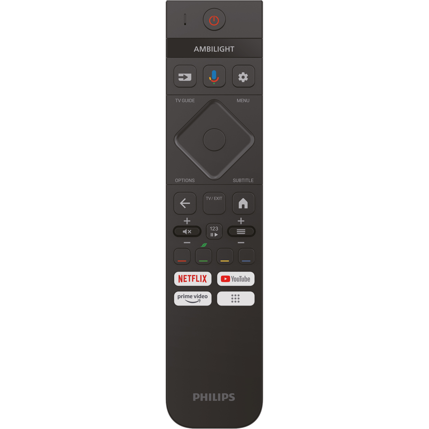 Eine schwarze Philips TV-Fernbedienung mit verschiedenen Tasten und dem Philips-Logo.
