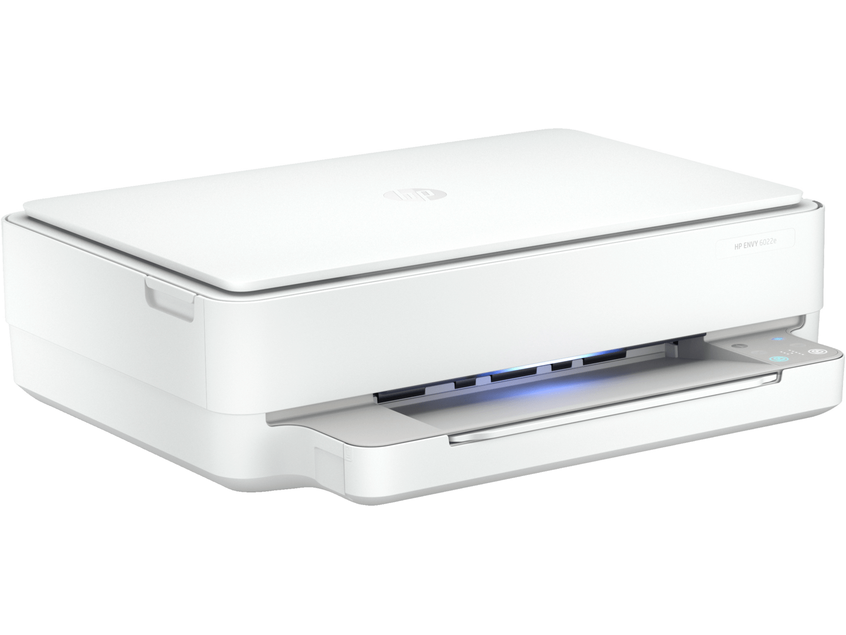 Impresora HP ENVY 6020 blanca, con luz azul y bandeja abierta.
