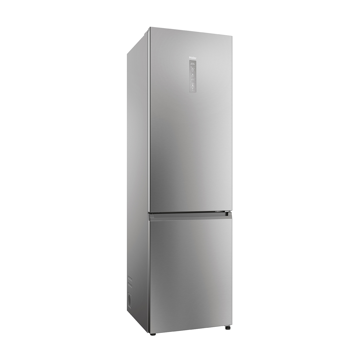 Un frigorifero Haier argentato, in piedi con un congelatore inferiore e un display digitale.