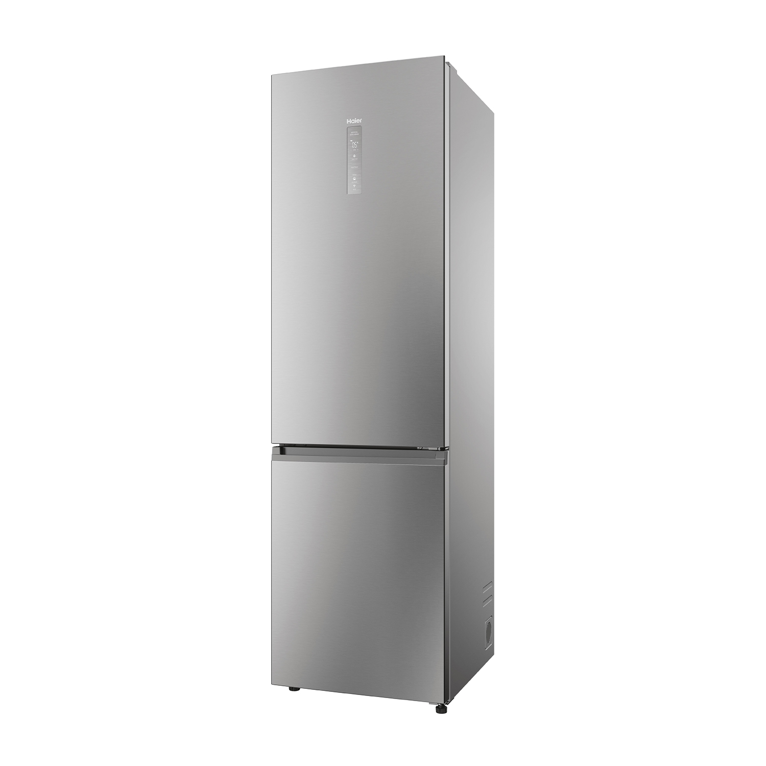 Frigorifero Haier argento, vista angolata. Due porte, design minimalista.