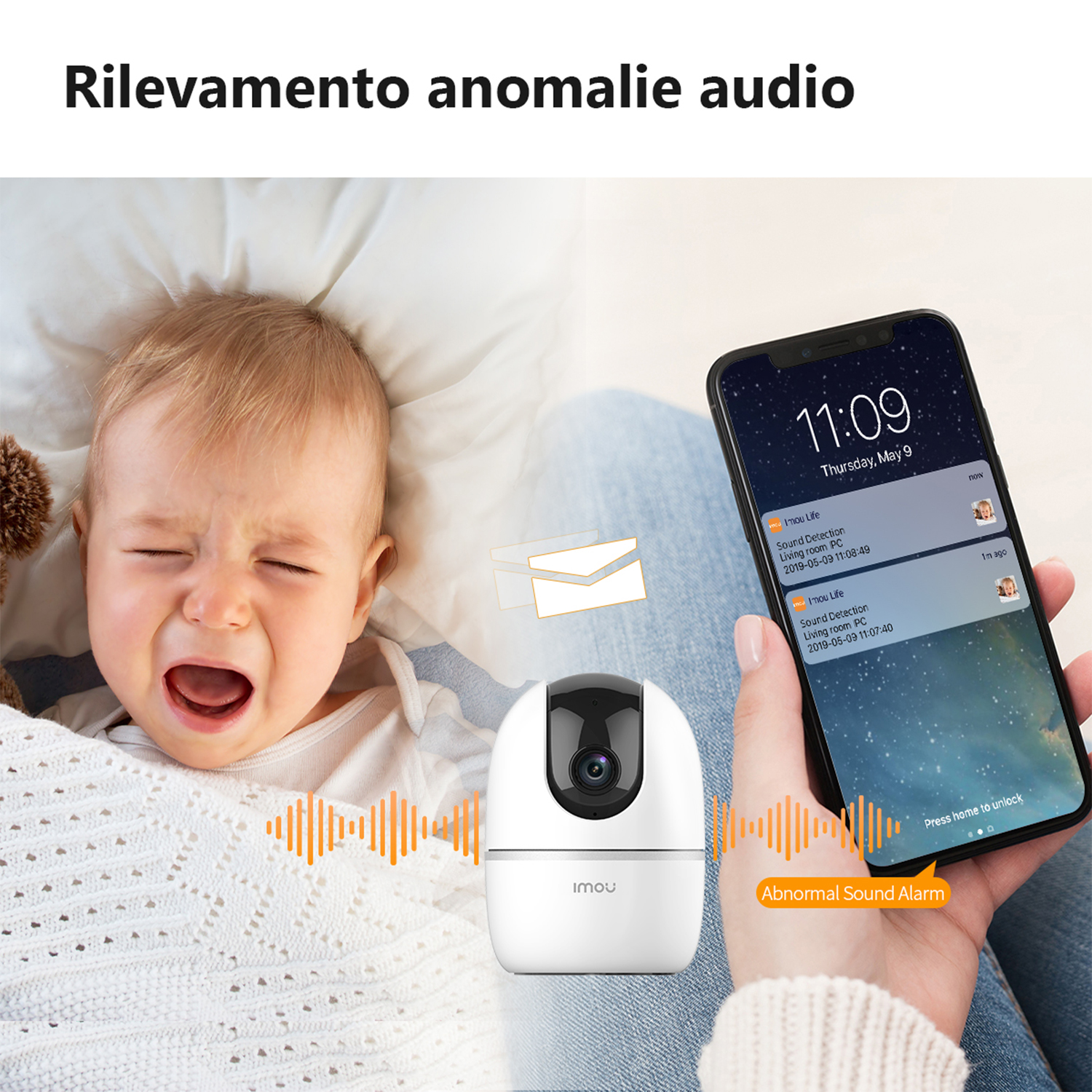 Bambino che piange, telefono che mostra avvisi di rilevamento del suono. Sistema di sicurezza domestica.