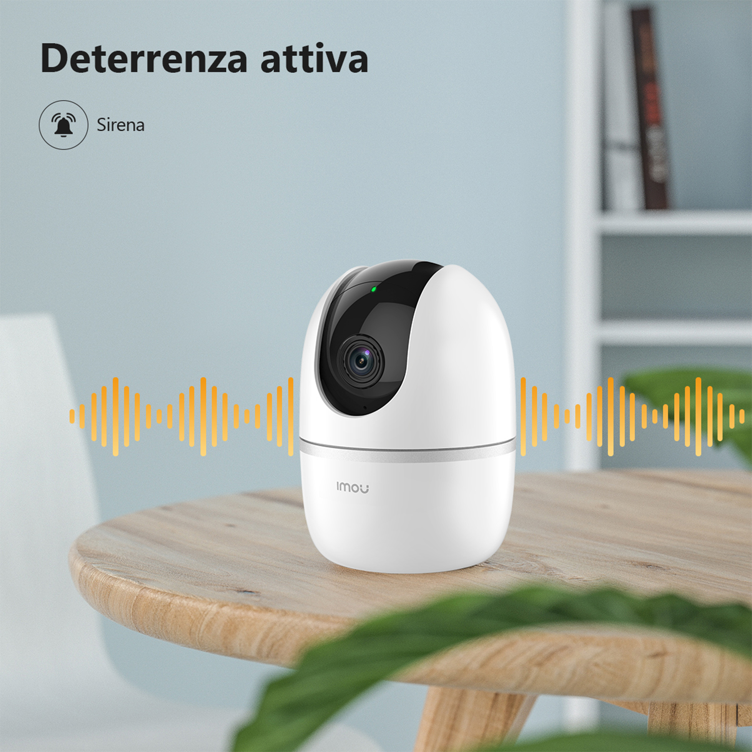 Telecamera di sicurezza bianca su un tavolo. Icone testo e onde sonore.