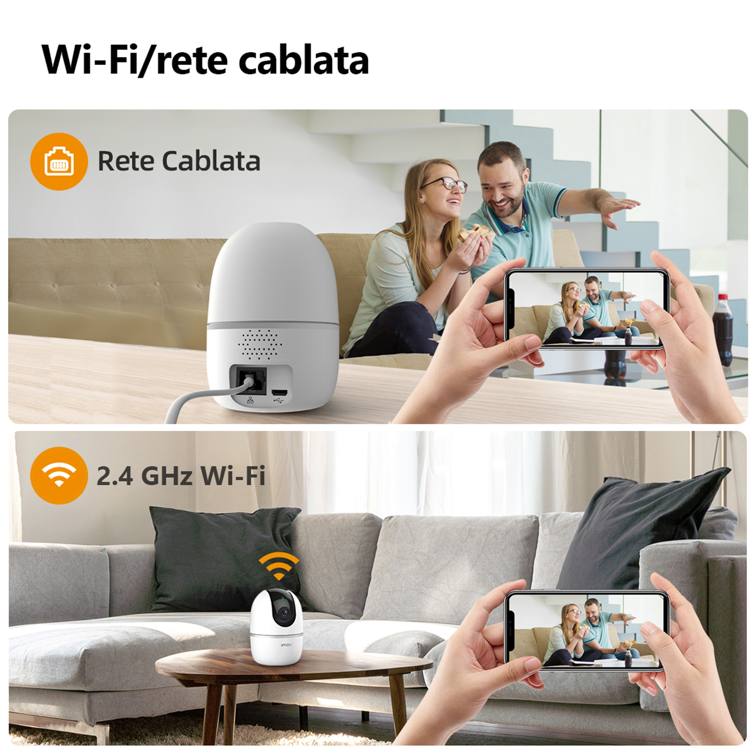 Una telecamera di sicurezza, un telefono con visualizzazione in diretta e una coppia sullo sfondo su un divano.