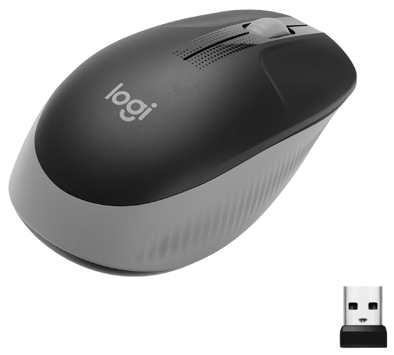 Fekete-szürke vezeték nélküli számítógépes egér USB vevővel.