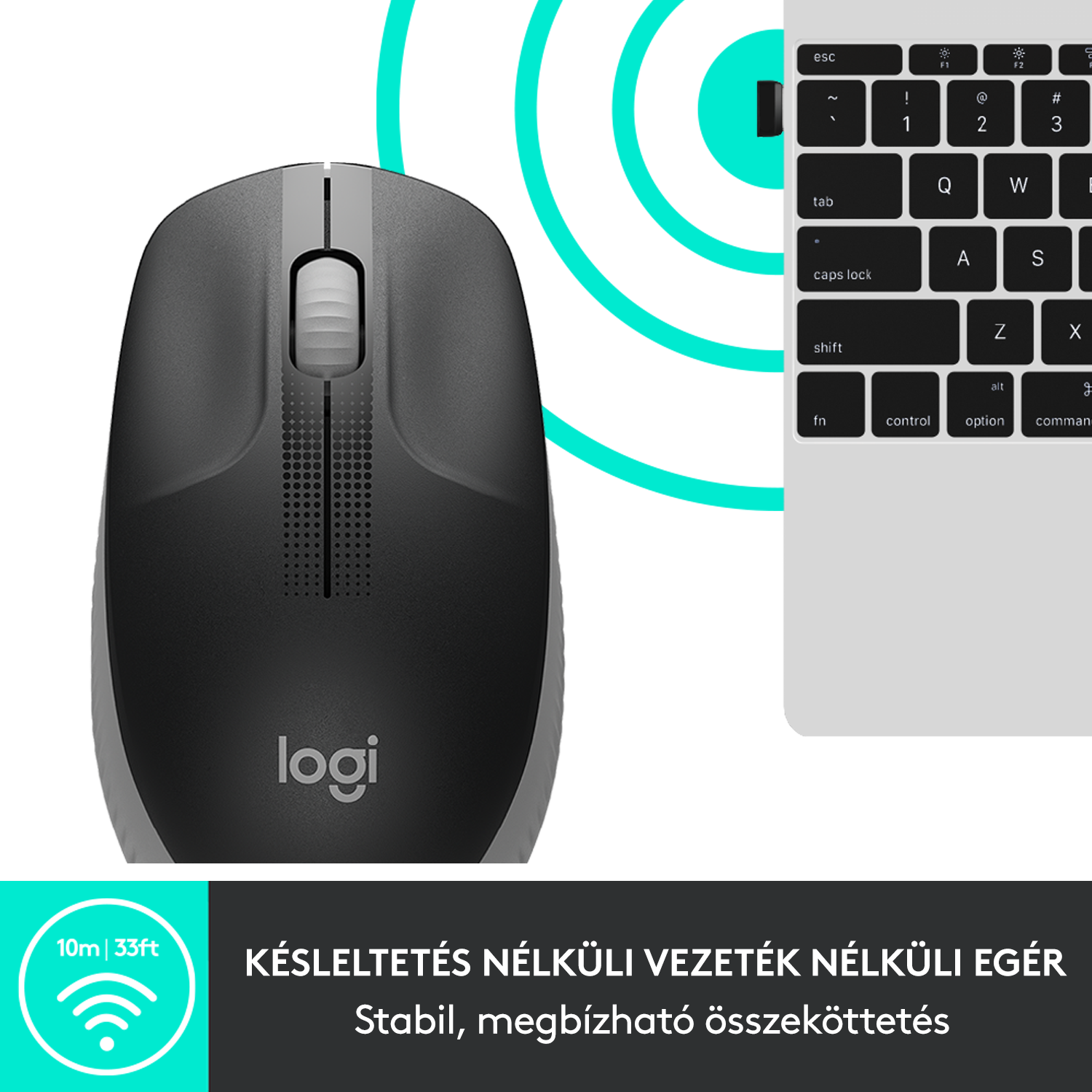 Egy fekete-szürke vezeték nélküli egér egy billentyűzet mellett, szöveggel: 'KÉSLELTETÉS NÉLKÜLI VEZETÉK NÉLKÜLI EGÉR'.