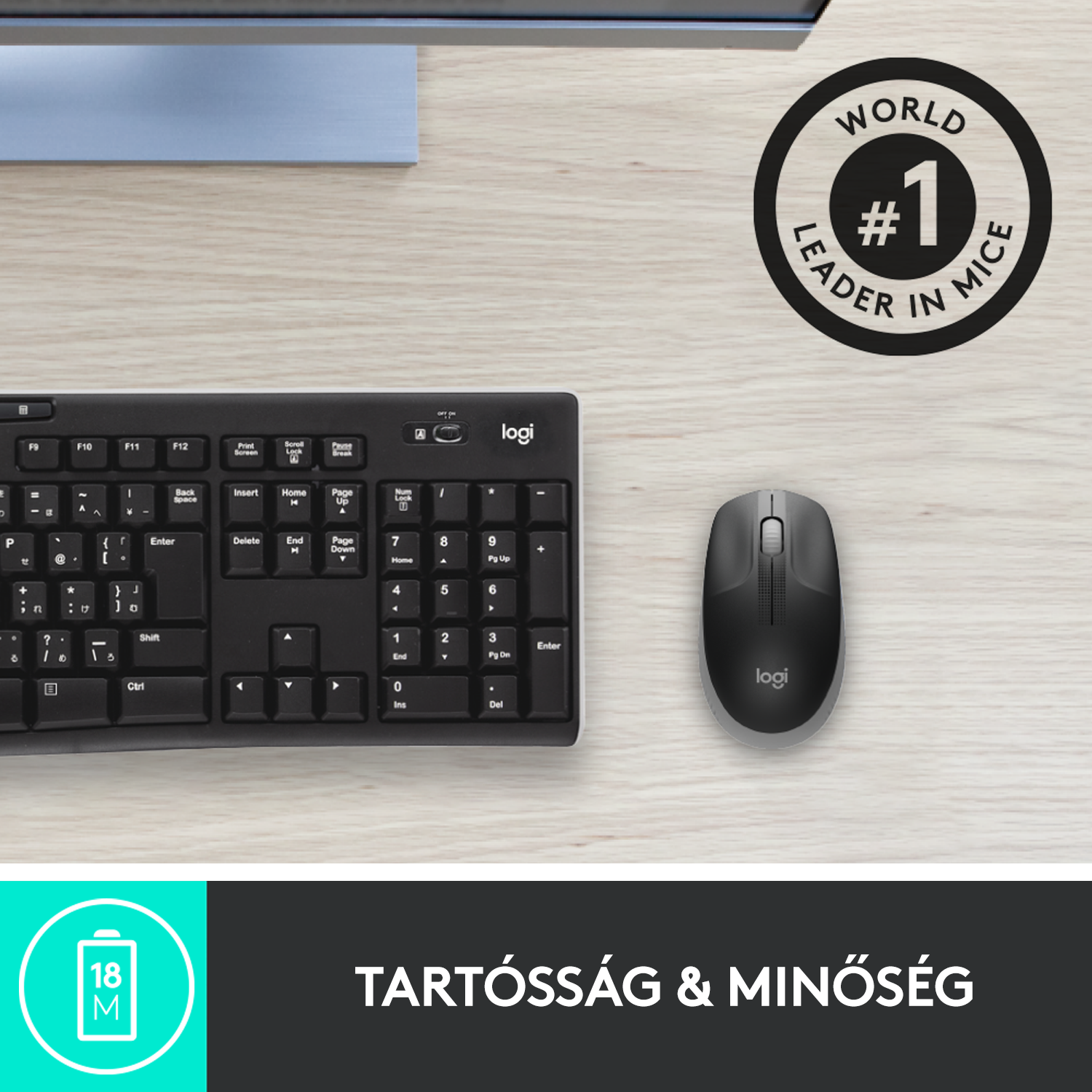 Egy billentyűzet és egy egér, a 'World #1 Leader in Mice' felirattal.