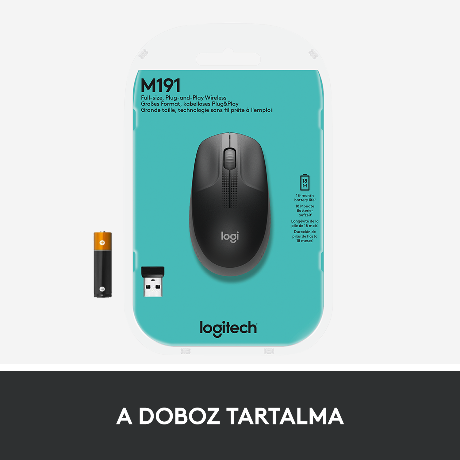 Fekete vezeték nélküli egér csomagolásban, akkumulátor és USB vevő látható. Szöveg és logó a csomagoláson.