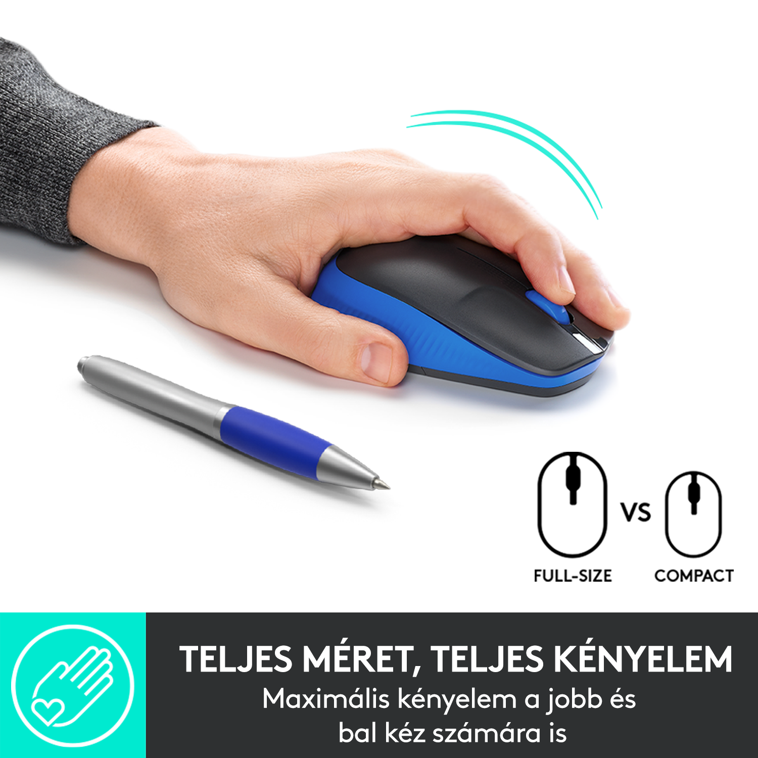 Kéz kék-fekete egeret használ. Egy toll van mellette.