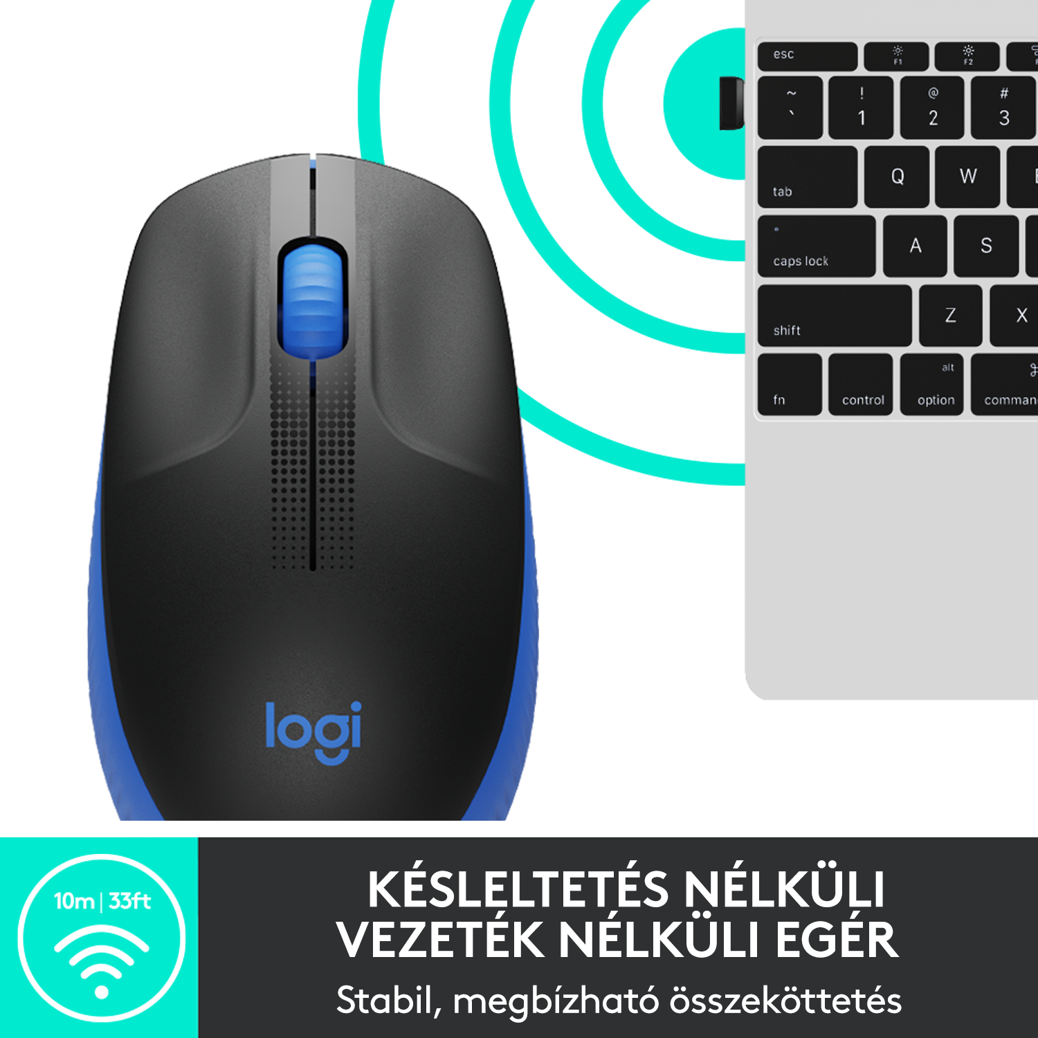 Fekete-kék vezeték nélküli egér kék görgetőkerékkel. Egy billentyűzet közelében van.