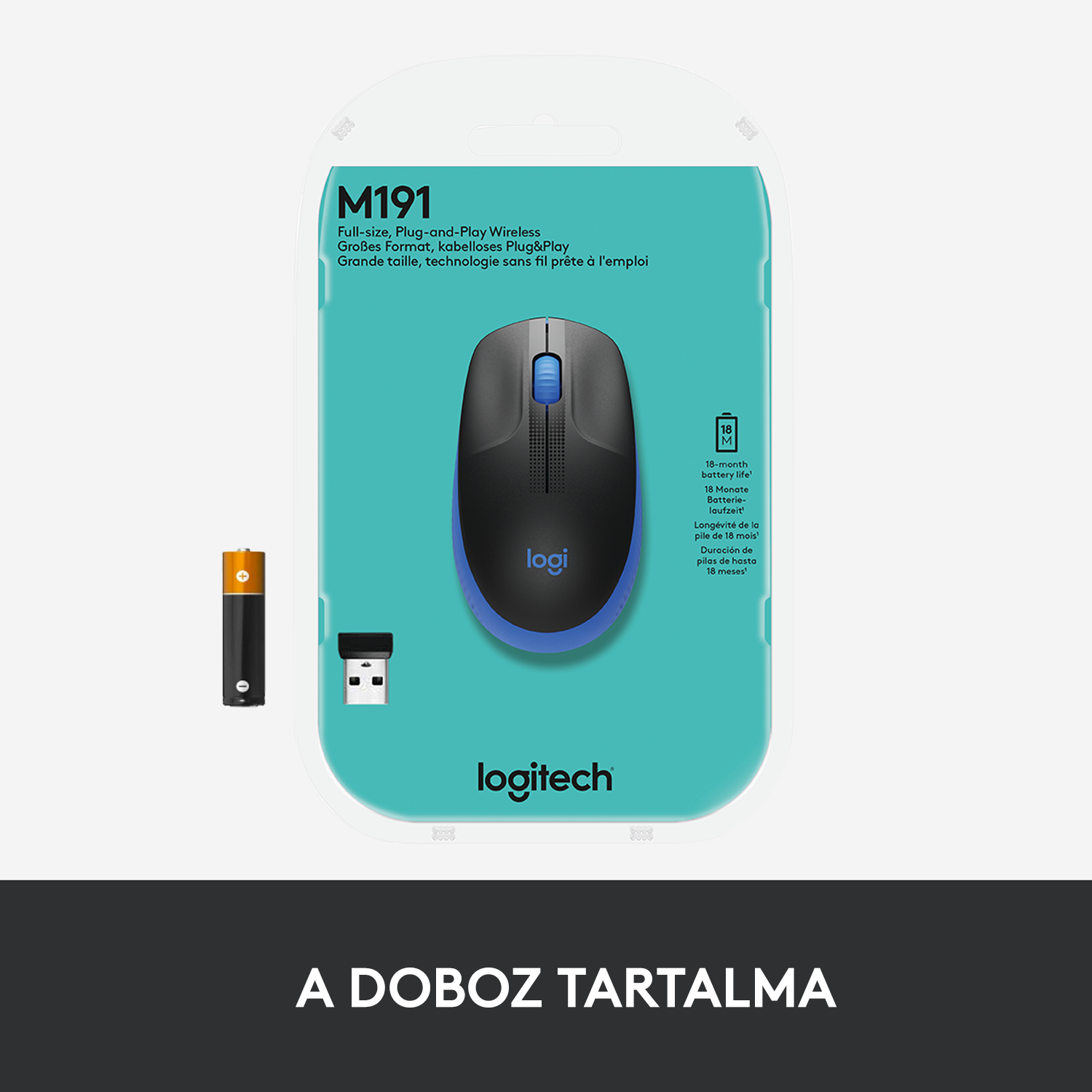 Egér csomagolásban, akkumulátorral és USB-vevővel, kék díszítéssel.