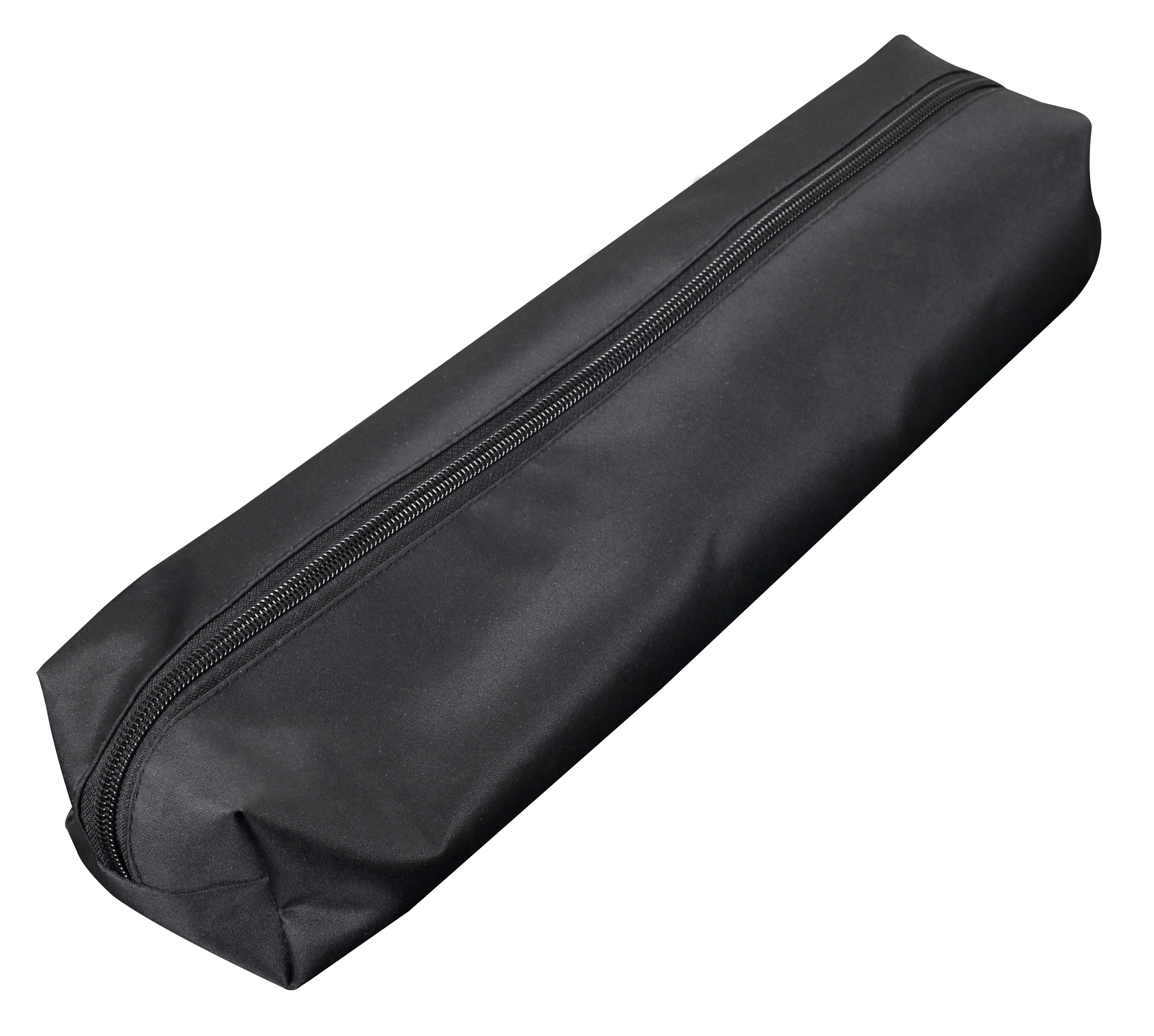 Eine schwarze, rechteckige Tasche mit Reißverschluss. Der Reißverschluss verläuft entlang der Länge der Tasche.