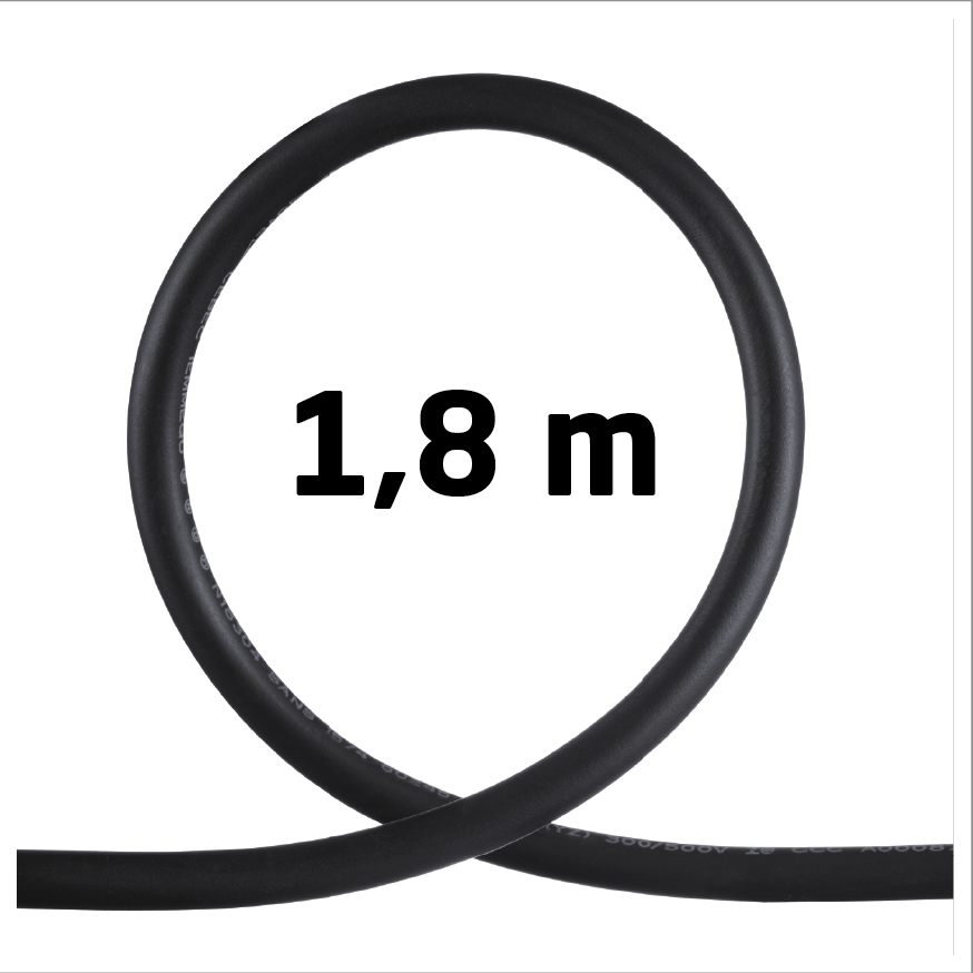 Ein schwarzes Elektrokabel zu einem Kreis gewickelt. Der Text '1,8 m' steht darauf, der die Länge angibt.