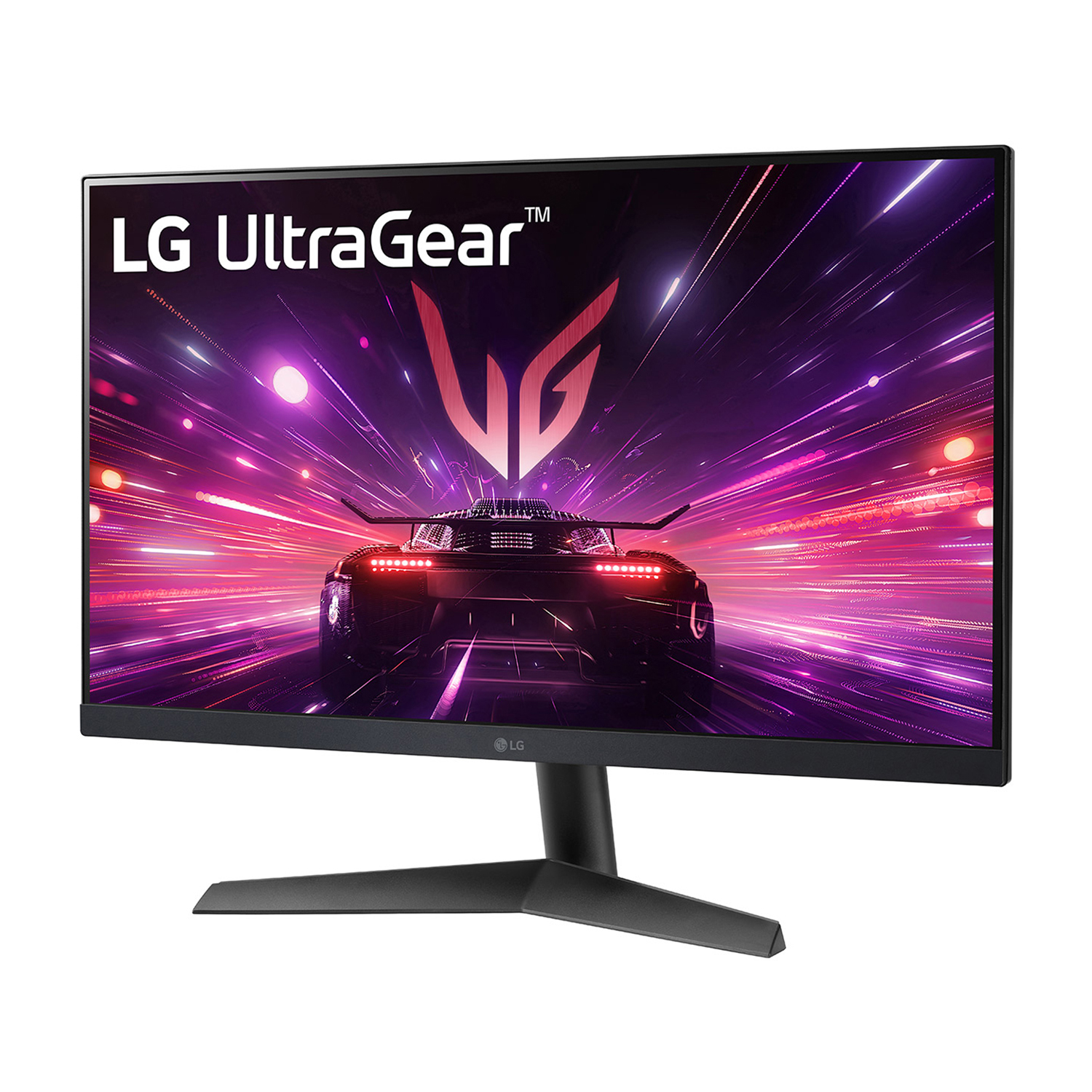 Monitor gaming LG UltraGear, con scena di corse, su supporto nero.
