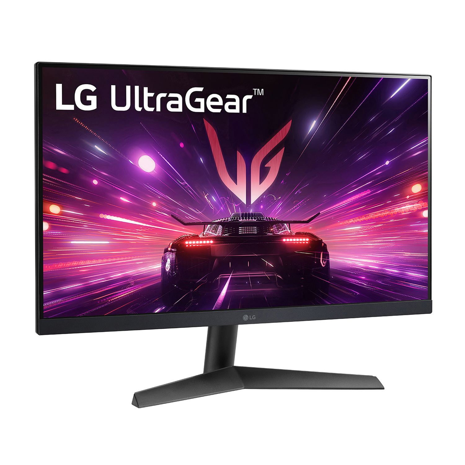 Monitor nero LG UltraGear su supporto, che mostra una scena di corse automobilistiche con colori vivaci.
