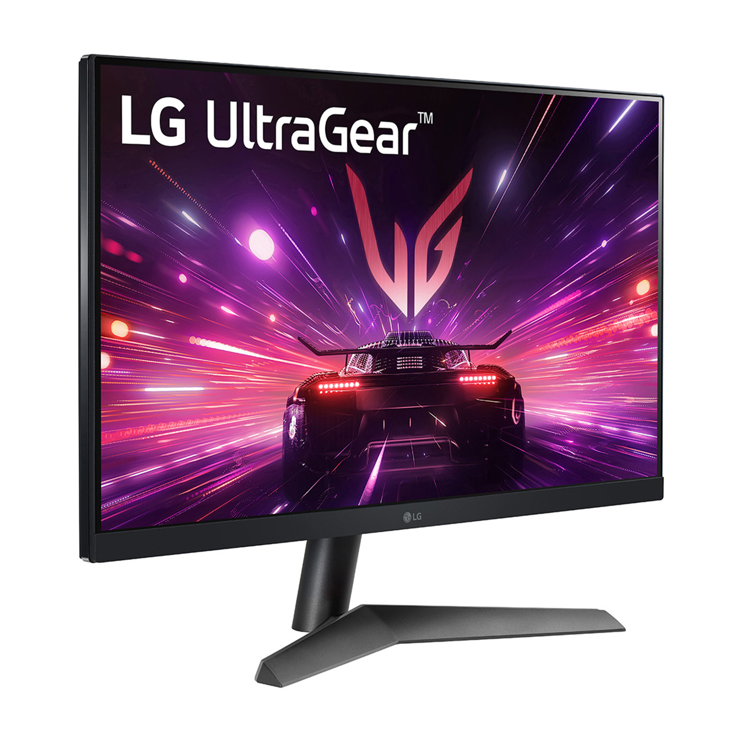 Monitor gaming LG UltraGear che mostra una scena di corse automobilistiche. Supporto e cornice neri.
