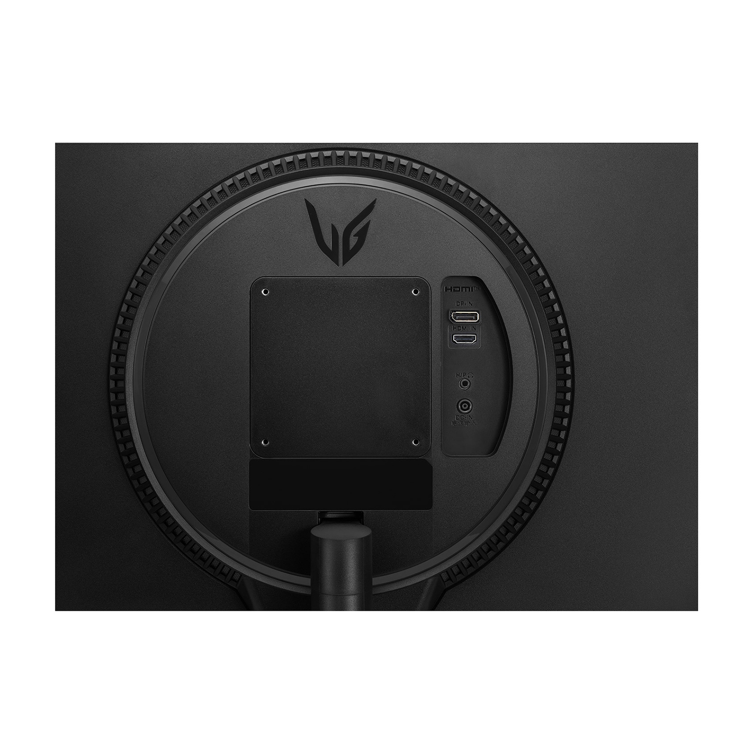 Retro di un monitor, nero, con porte. Porte HDMI, audio e alimentazione visibili.