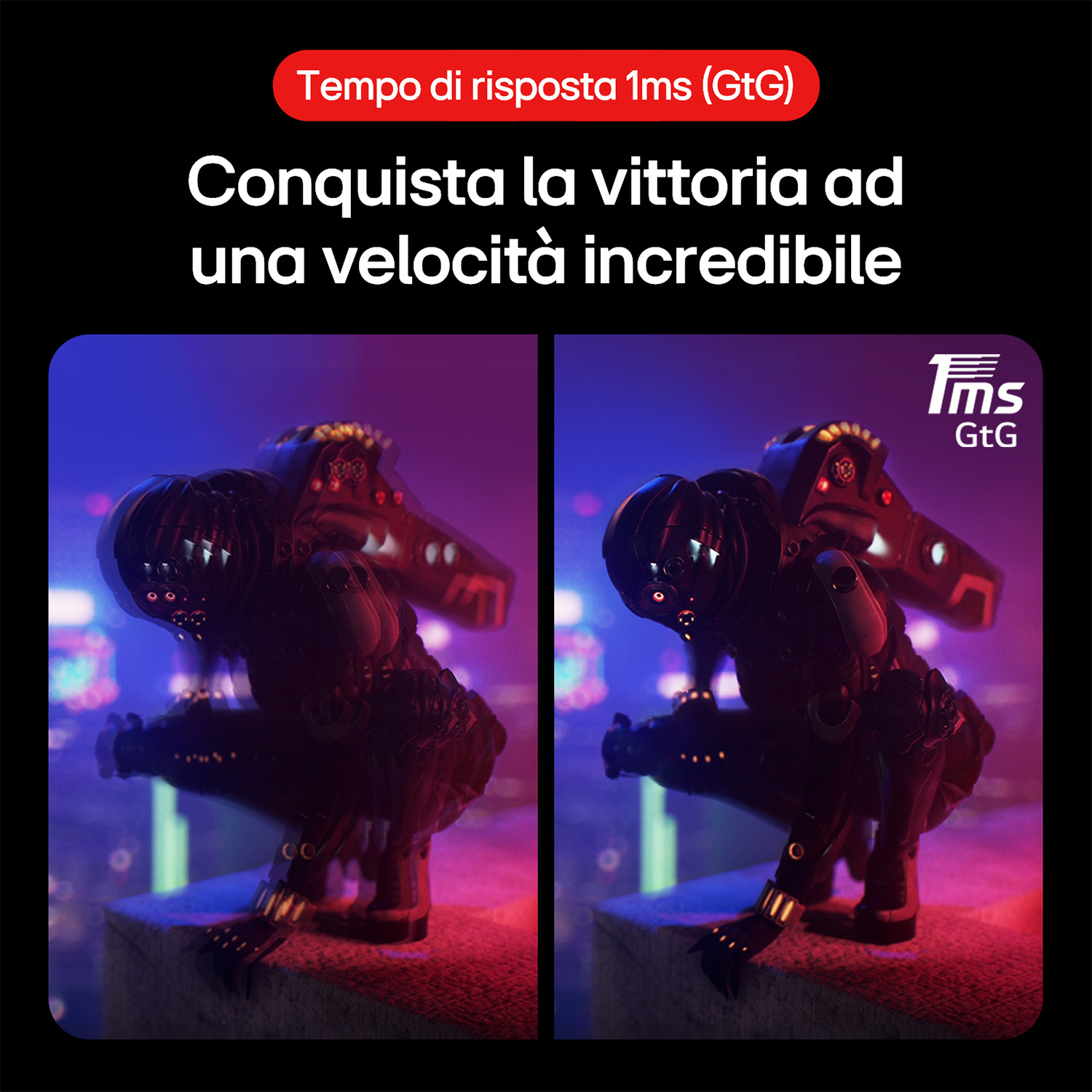 Due immagini affiancate che mostrano un personaggio di gioco, con testo sul tempo di risposta di 1 ms.