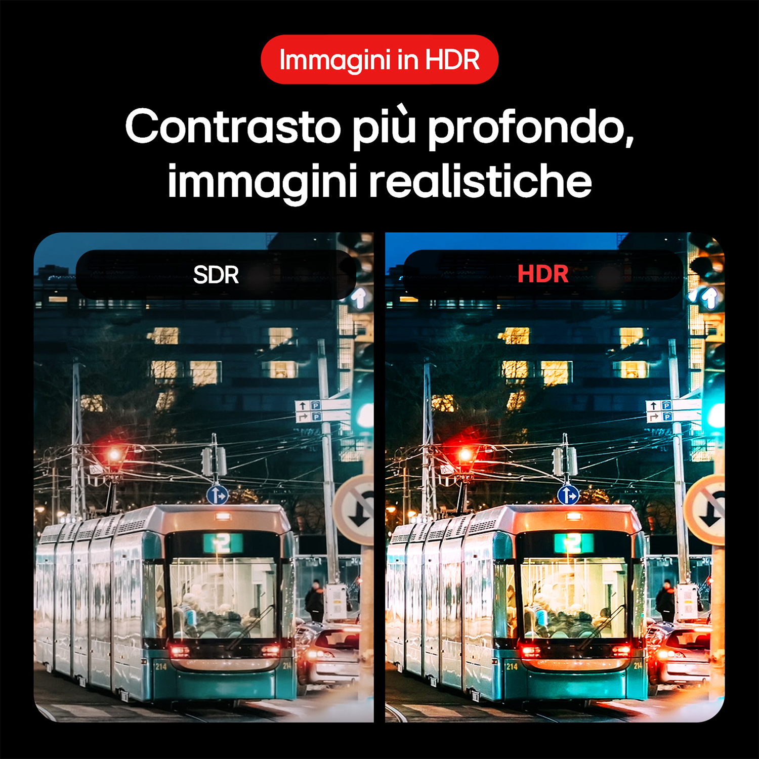 Confronto di immagini SDR e HDR che mostrano un tram.