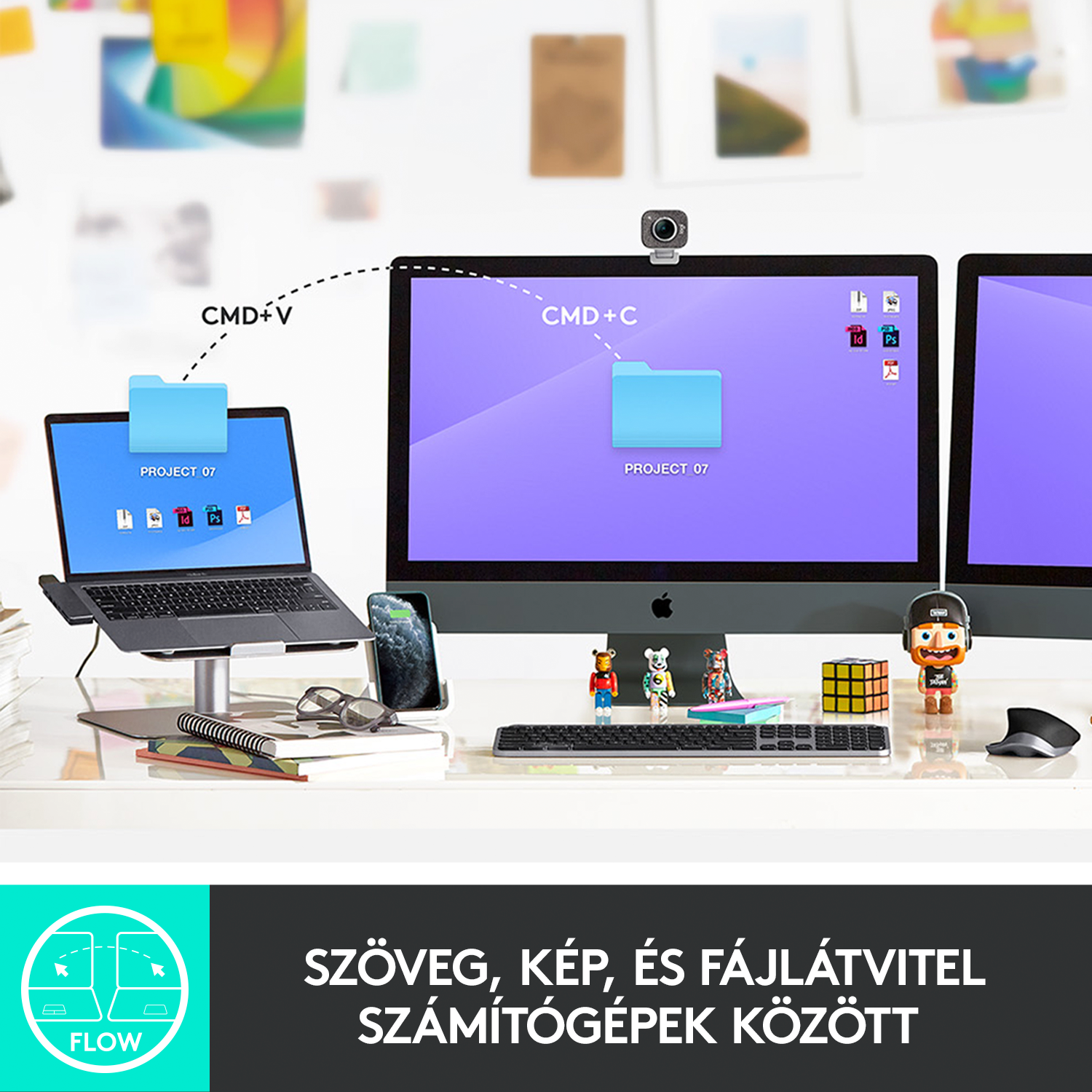 Asztali beállítás számítógép képernyőkkel. Egy laptop is látható.