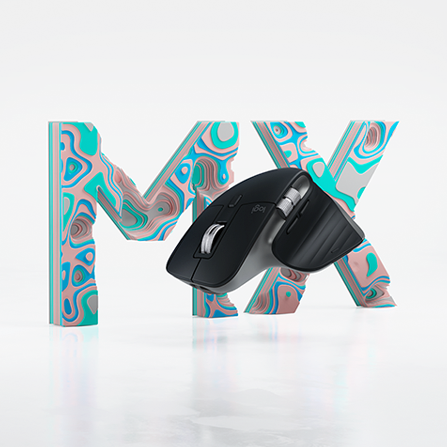 Fekete-szürke Logitech MX egér, háttérben az MX betűkkel. Az MX betűk színes mintázatban.