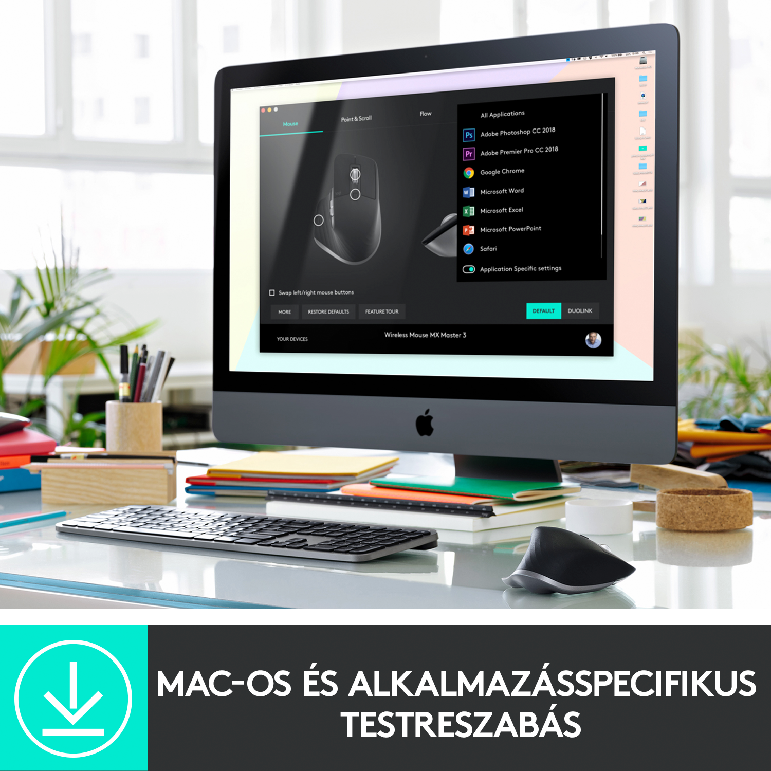 Számítógép-beállítás monitorral, amely alkalmazásbeállításokat, billentyűzetet és egeret jelenít meg.