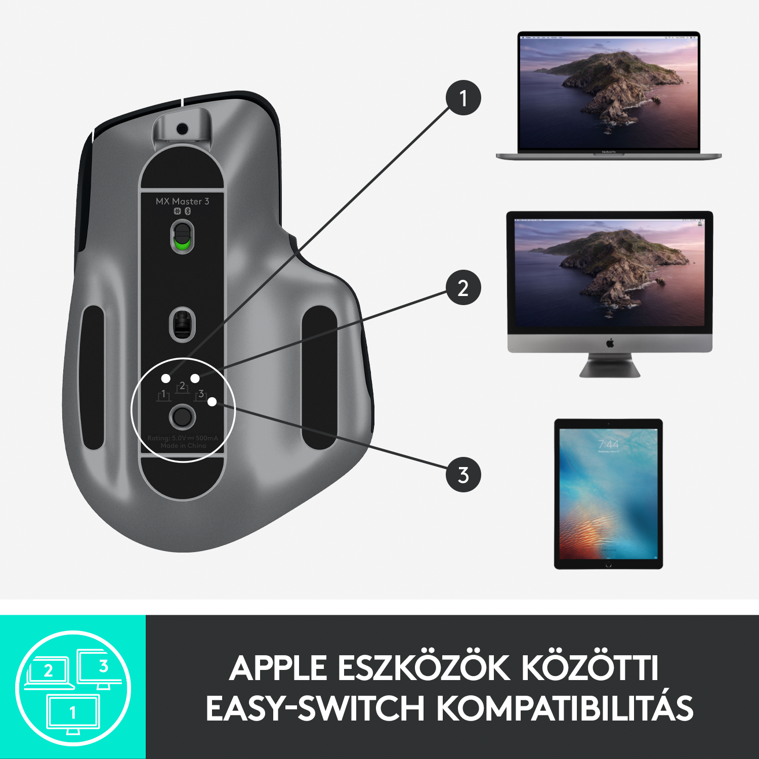 Egy szürke Logitech MX Master 3 egér. Három eszköz látható az egérrel.