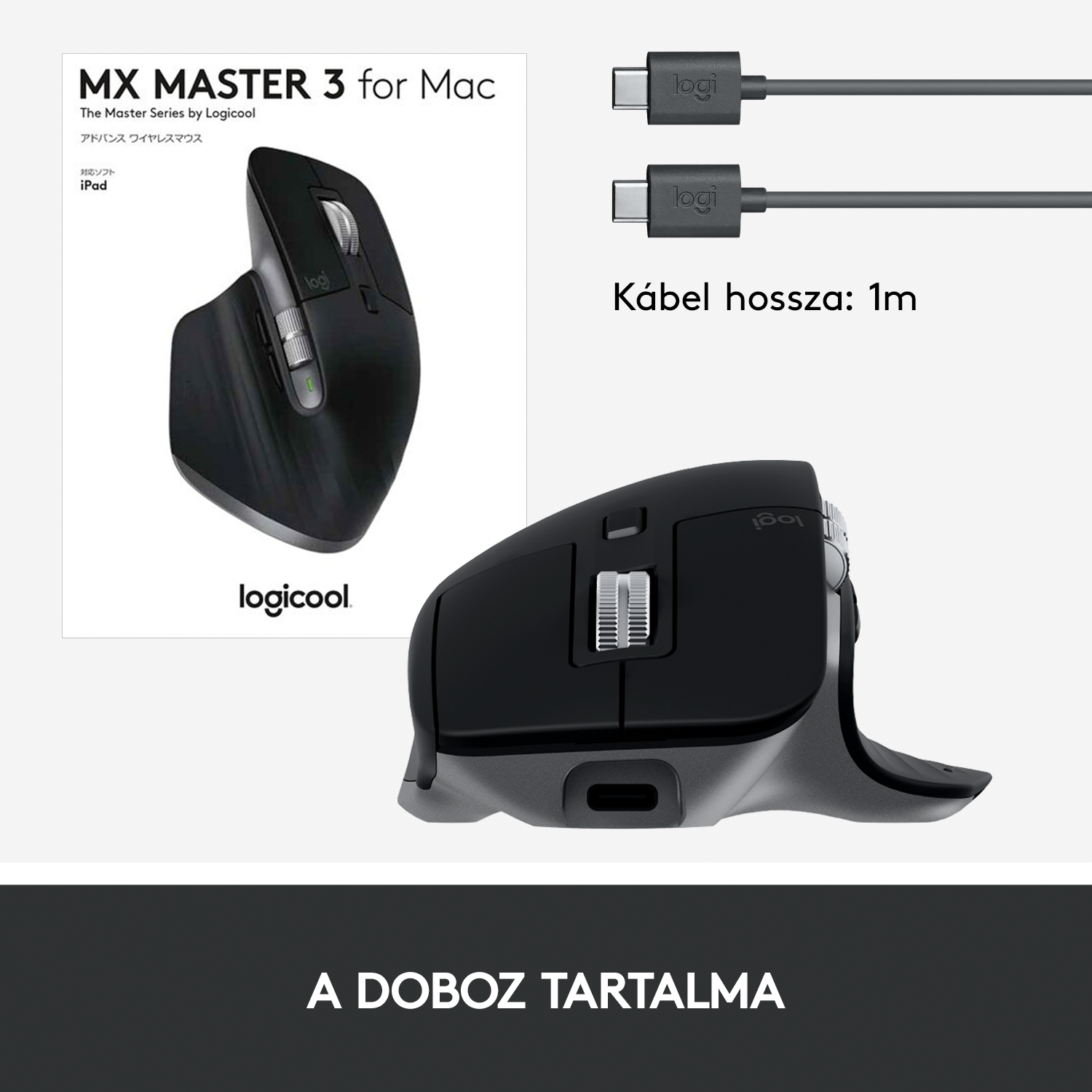 Logitech MX Master 3 egér kábelekkel és csomagolással, plusz magyar szöveg.