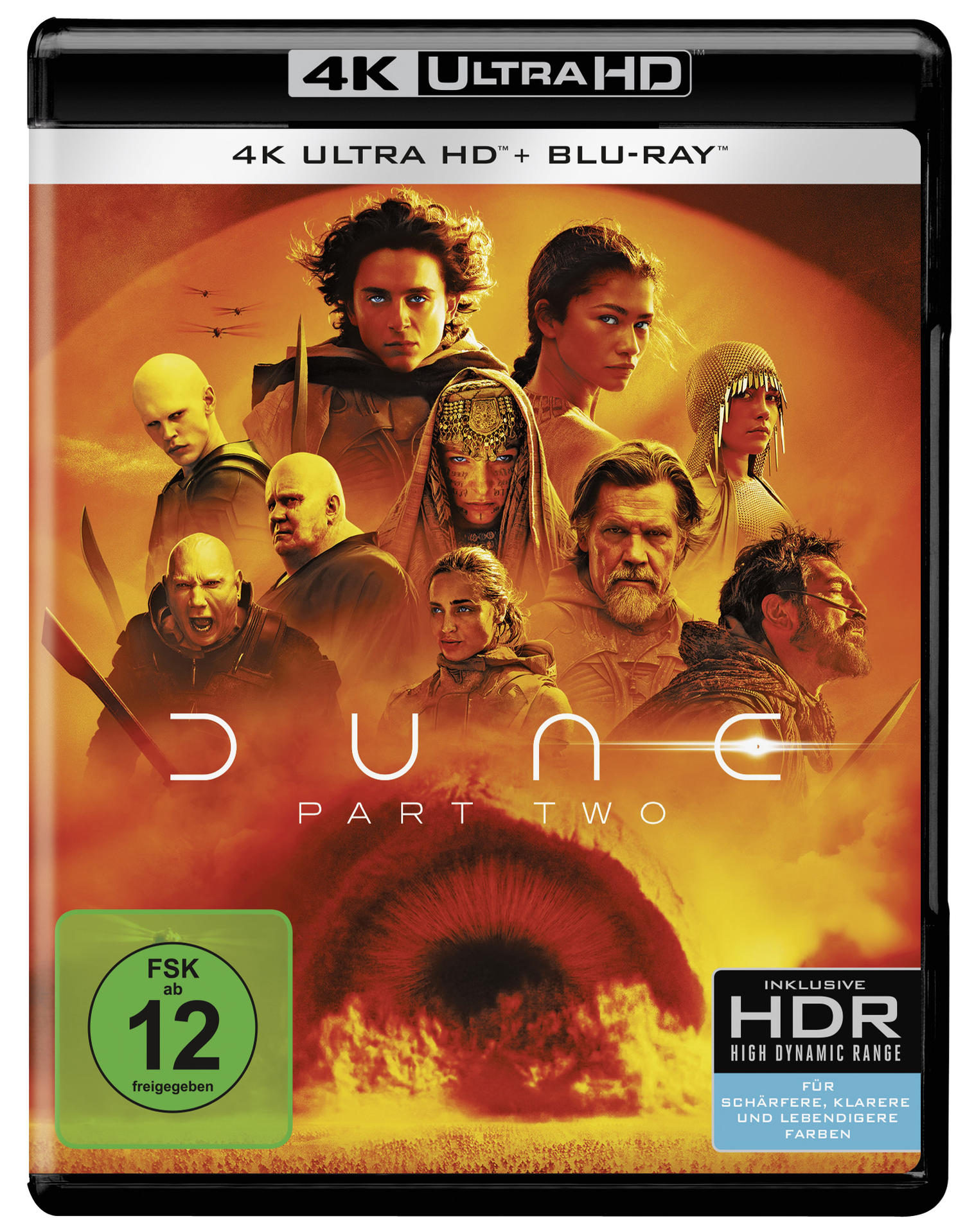 Dune: Part Two Blu-ray-Cover. Zeigt Schauspieler auf orangem Hintergrund.