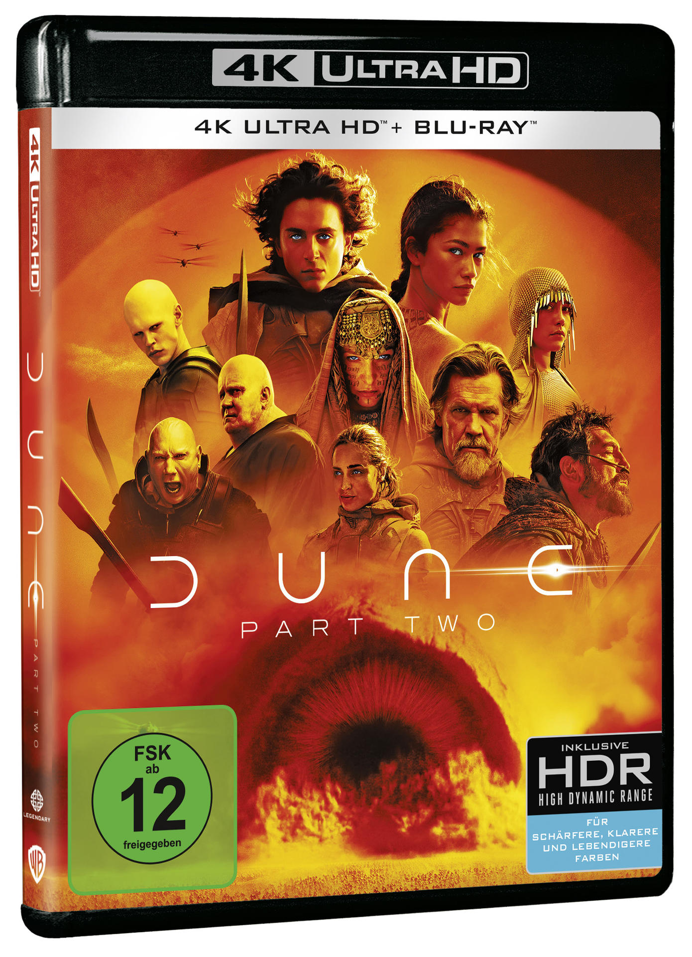 Dune Part Two 4K Ultra HD Blu-ray Disc-Cover, mit Schauspielern und Titeltext.