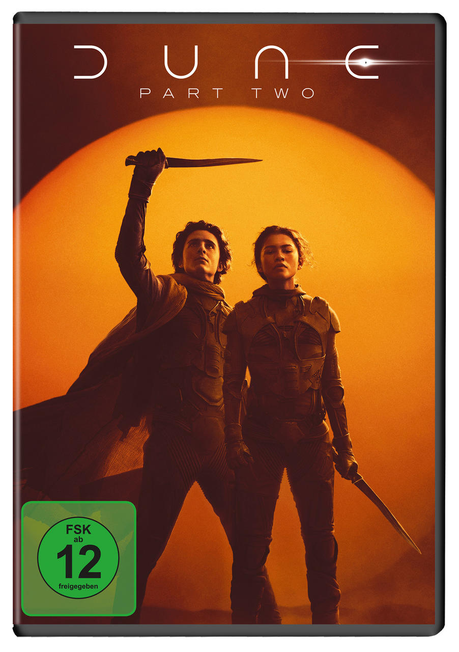 Dune: Part Two DVD-Cover. Zeigt Schauspieler mit Waffen vor orangefarbenem Hintergrund.