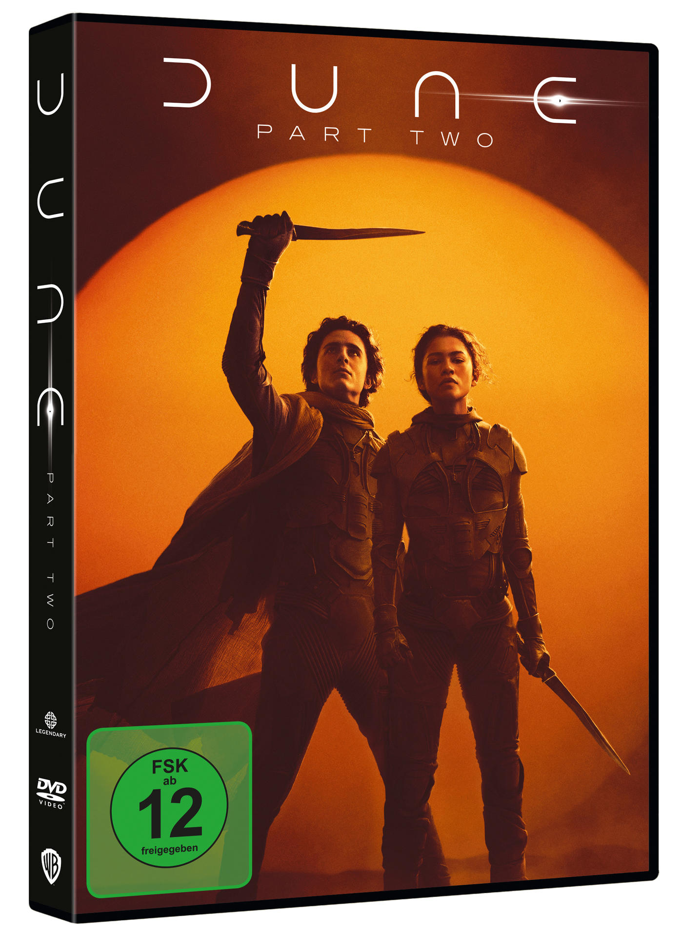 DVD-Hülle für 'Dune: Part Two'. Auf dem Cover sind zwei Figuren mit Messern vor orangefarbenem Hintergrund.