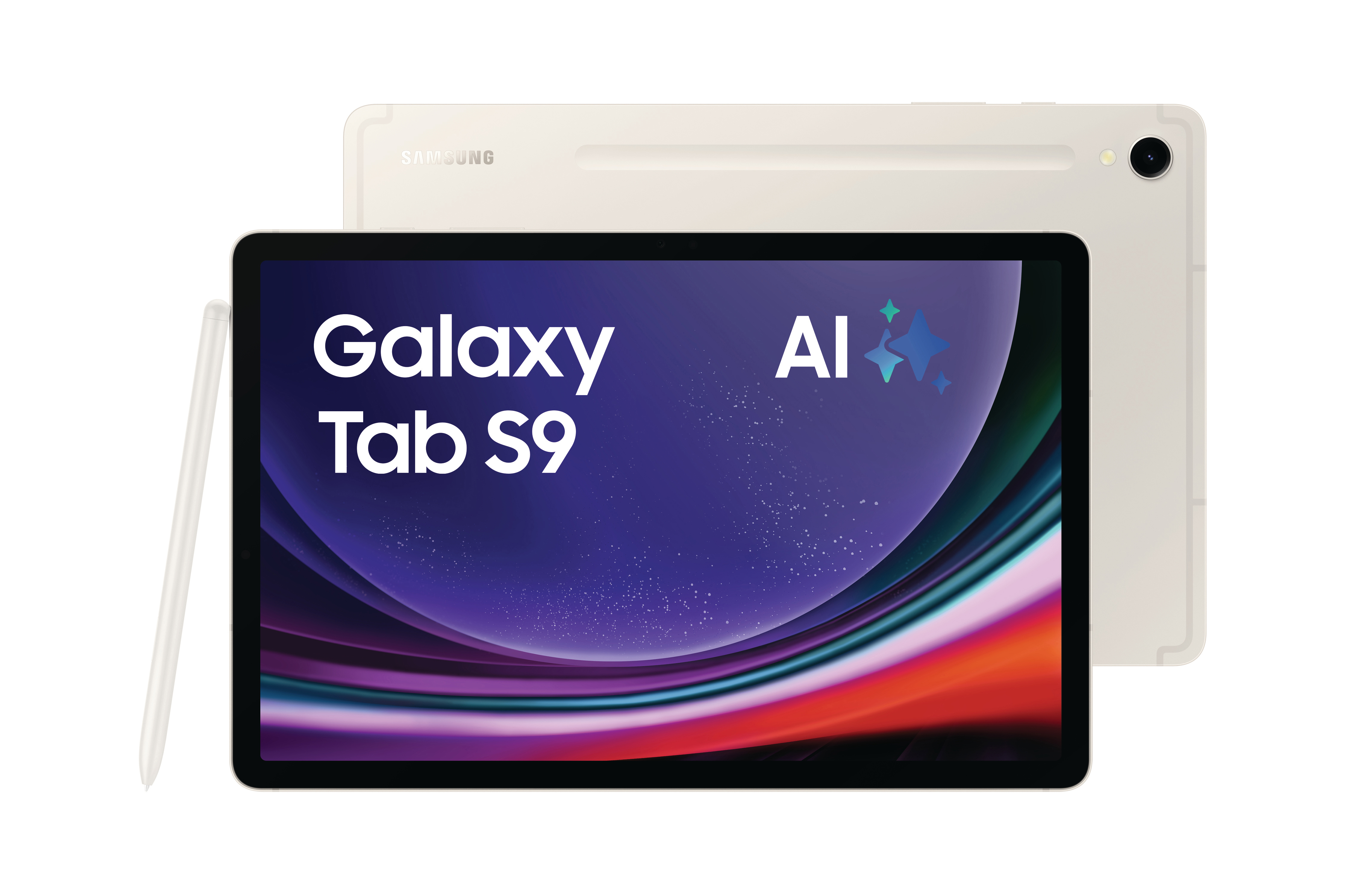 Tablet mit Stift auf weißer Oberfläche. Text auf dem Bildschirm: Galaxy Tab S9. AI-Logo.