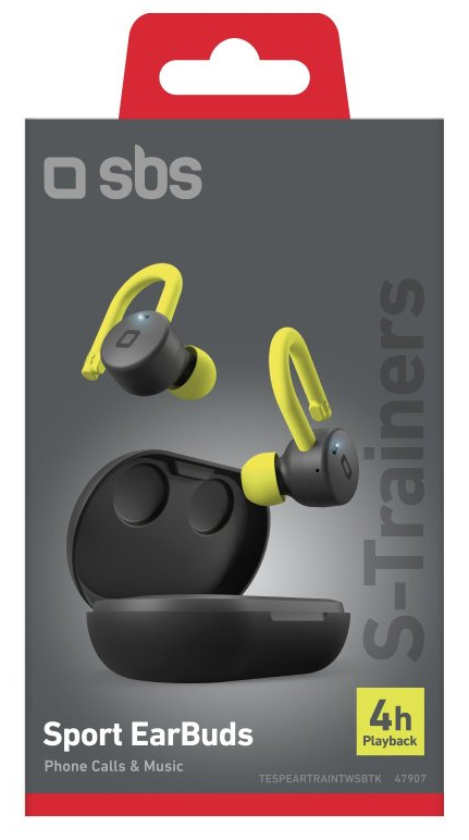 Czarne i żółte słuchawki z czarnym etui ładującym na szarym tle.