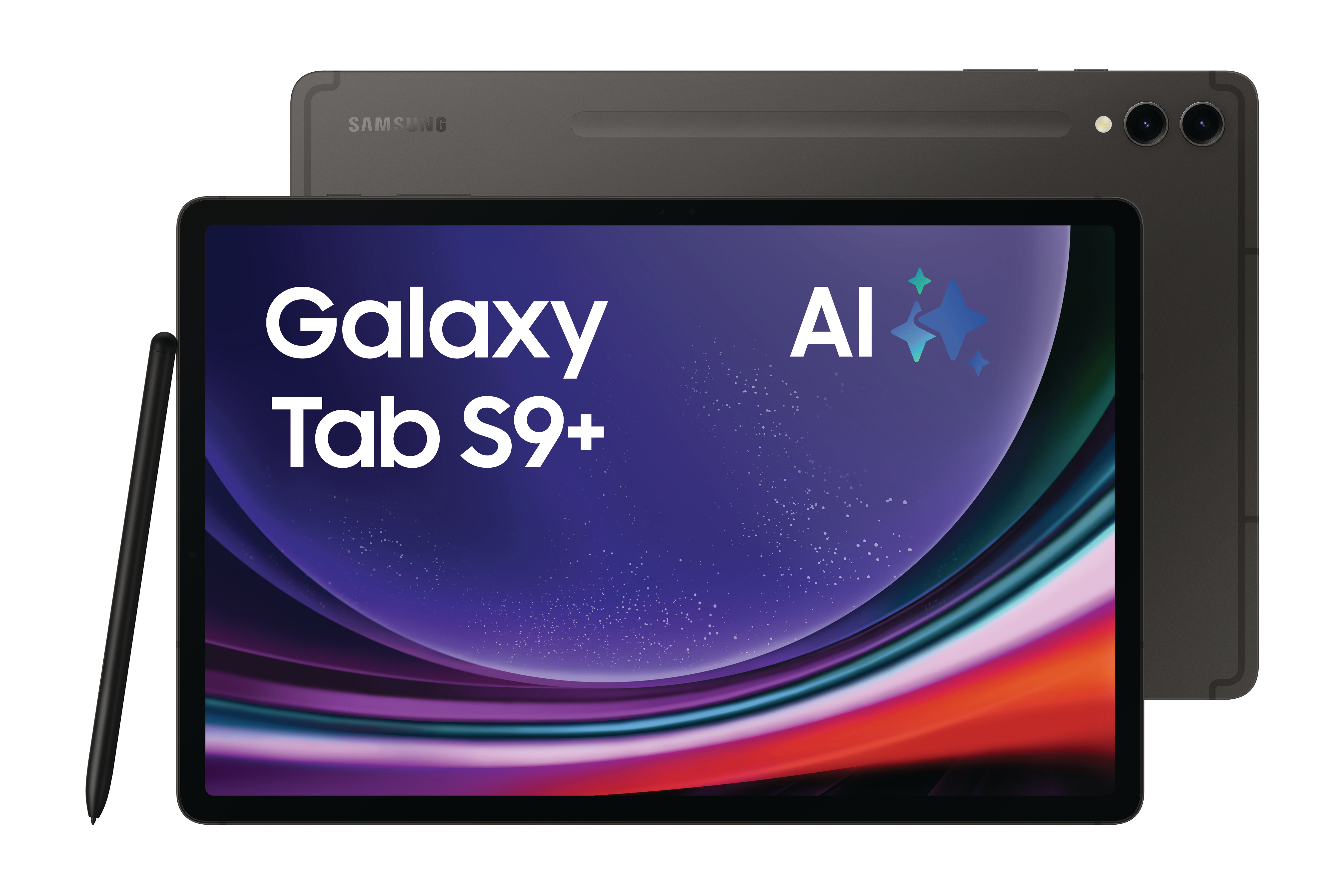 Samsung Galaxy Tab S9+ Tablet mit Stift, Vorder- und Rückansicht.