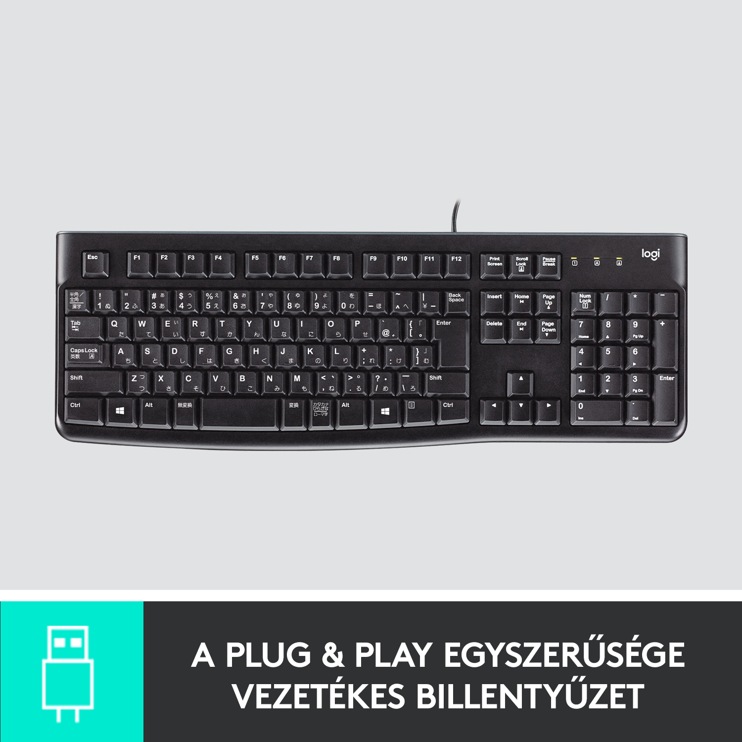 Fekete billentyűzet fehér gombokkal. A képen egy USB port és a könnyű használatról szóló szöveg látható.