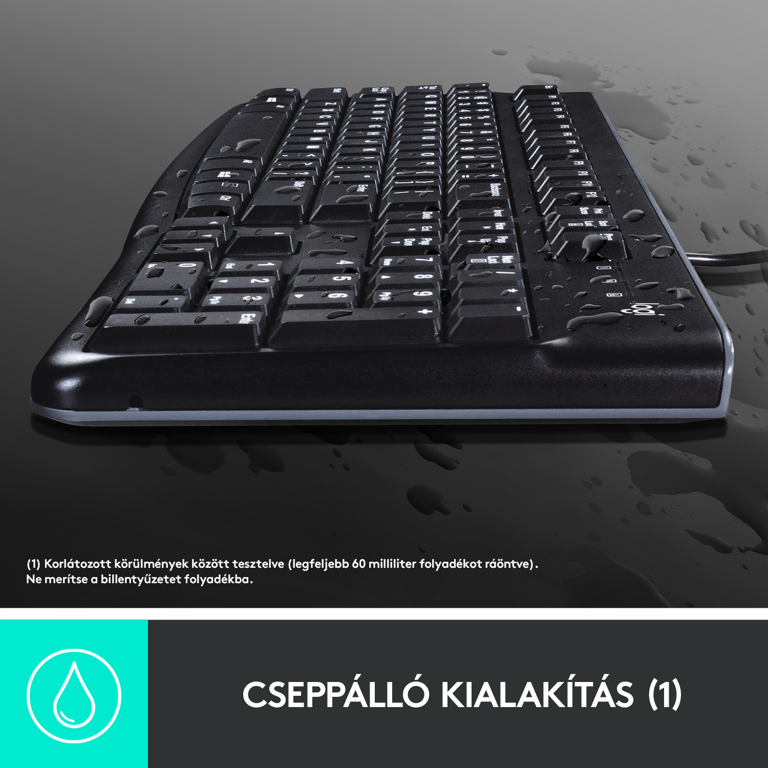 Fekete billentyűzet vízcseppekkel. A gombok láthatók.