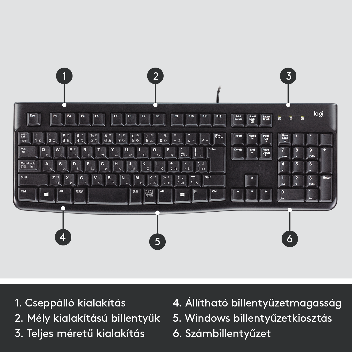 Fekete Logitech billentyűzet japán elrendezéssel. Teljes méretű, numerikus billentyűzet, Windows gombok.