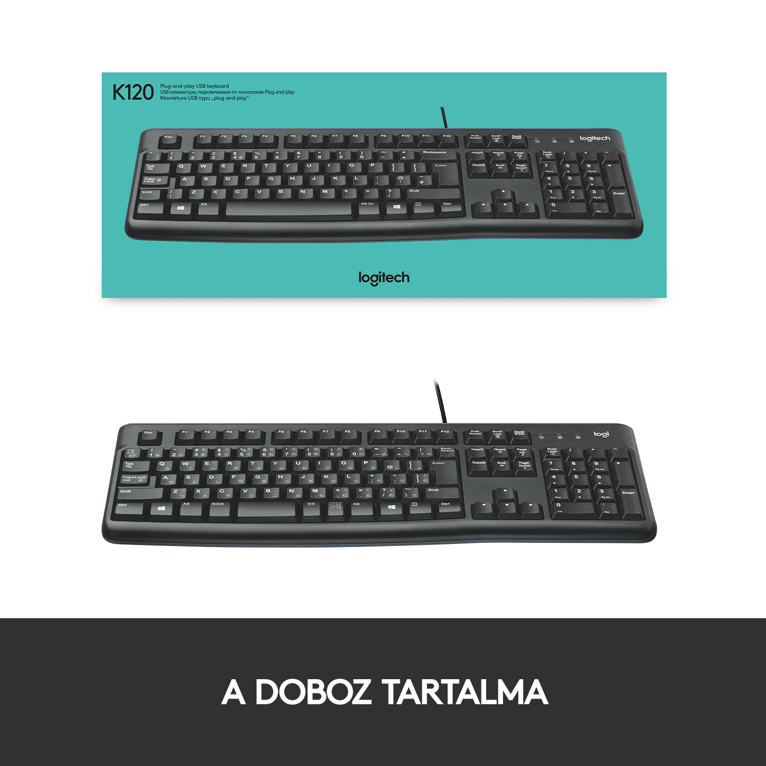 Fekete billentyűzet zöld-fehér dobozzal, Logitech névvel.